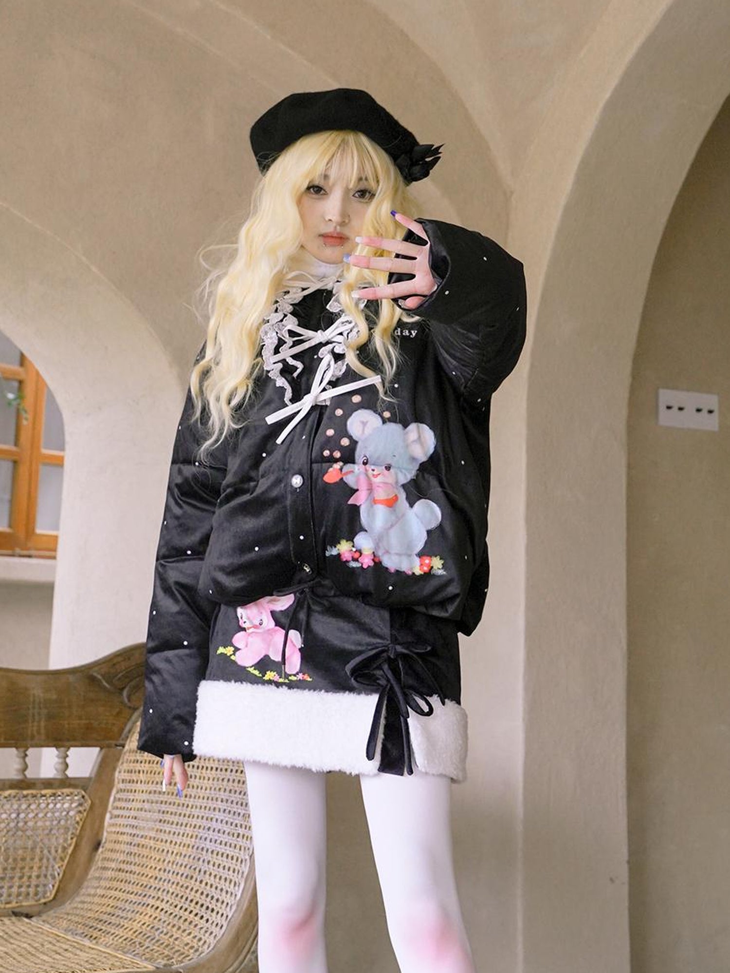Daytoday Vintage Bow Dot Print Teddy Jacket