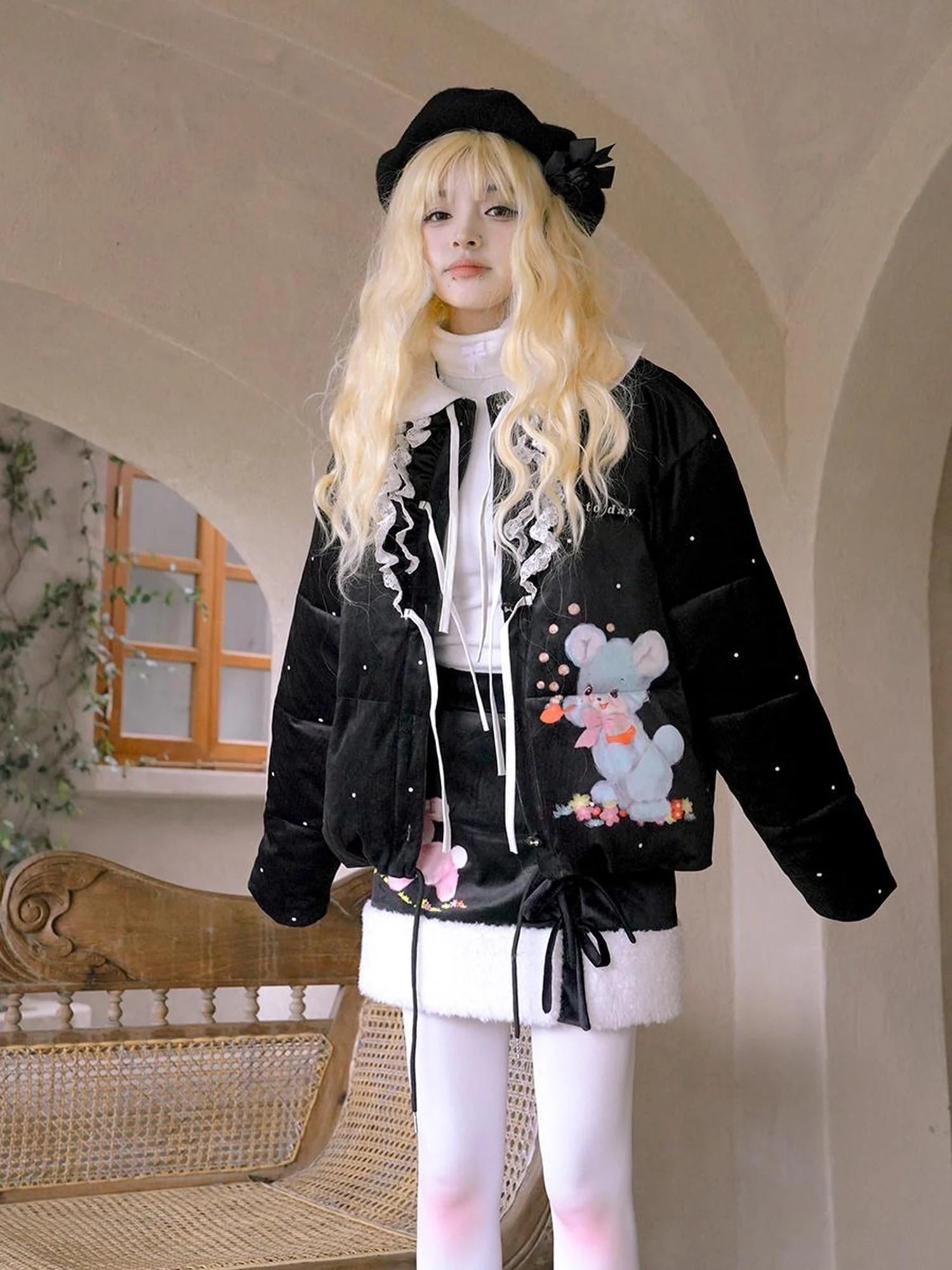 Vintage Bow Dot Print Teddy Jacket
