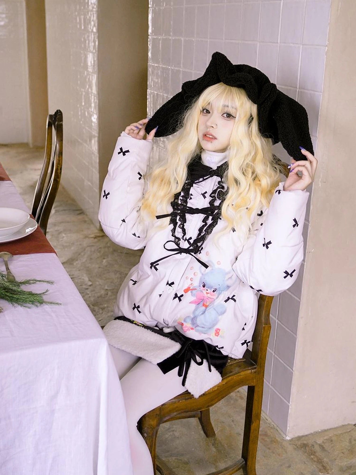 Vintage Bow Dot Print Teddy Jacket