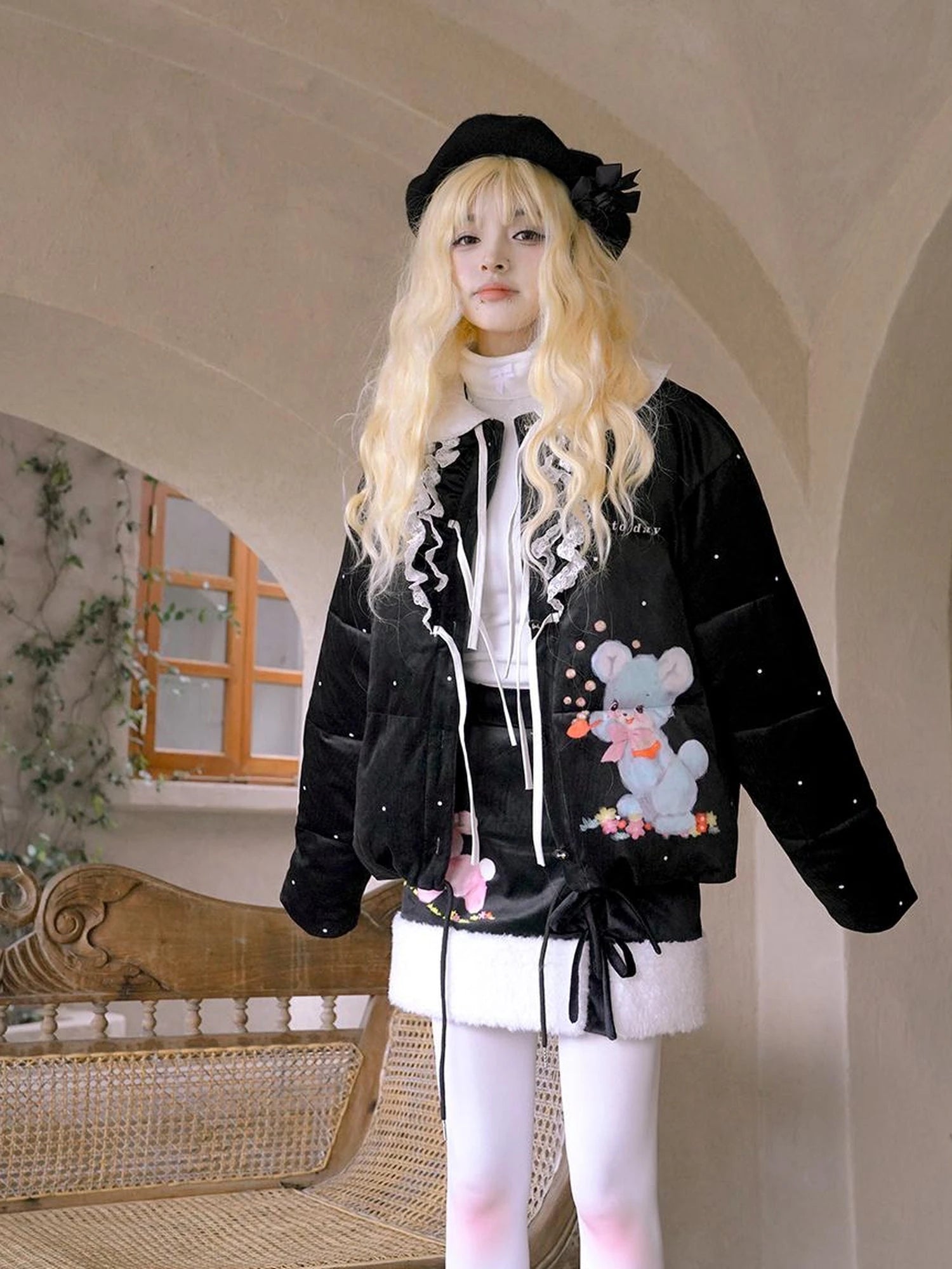 Vintage Bow Dot Print Teddy Jacket