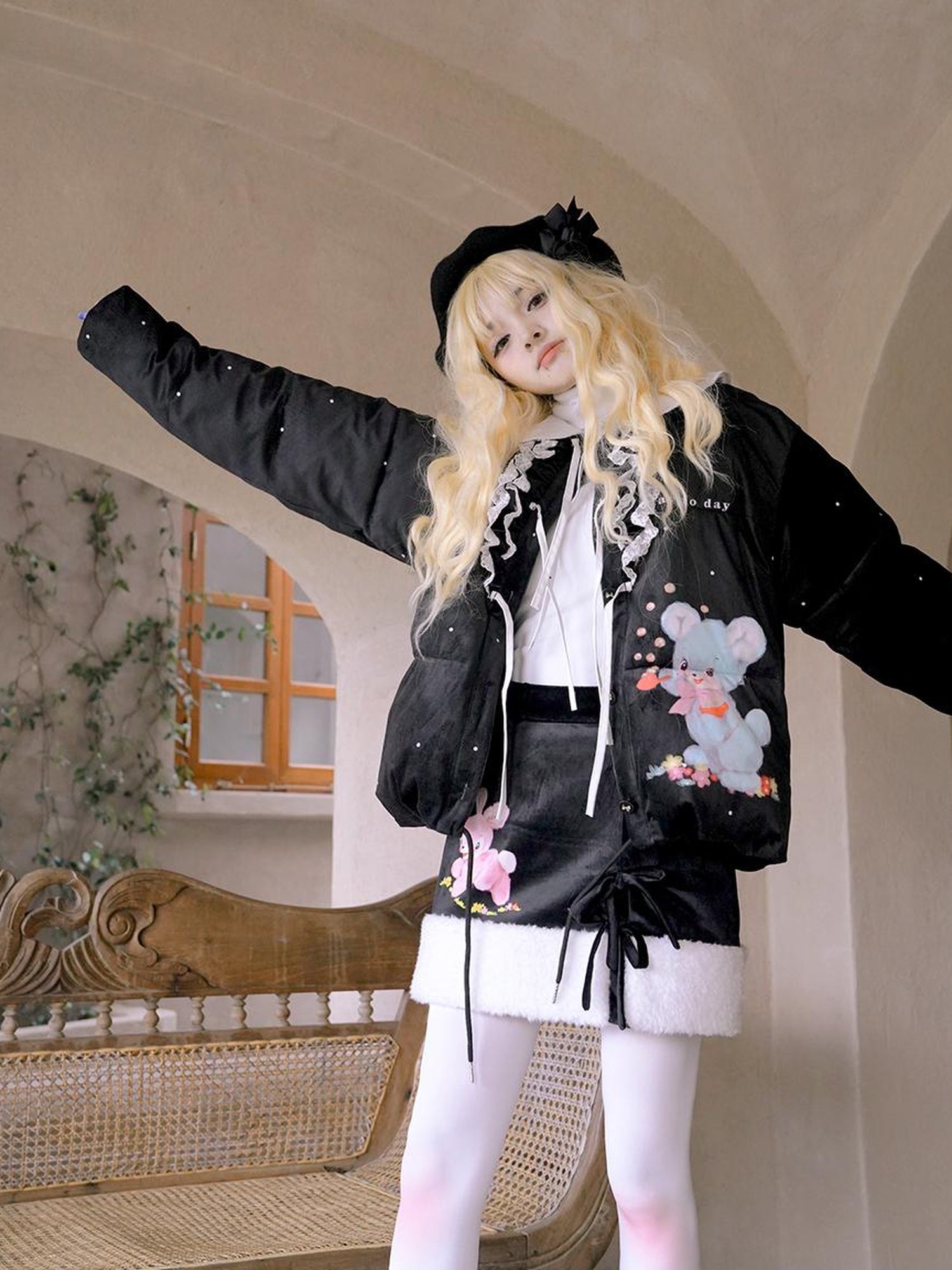 Daytoday Vintage Bow Dot Print Teddy Jacket