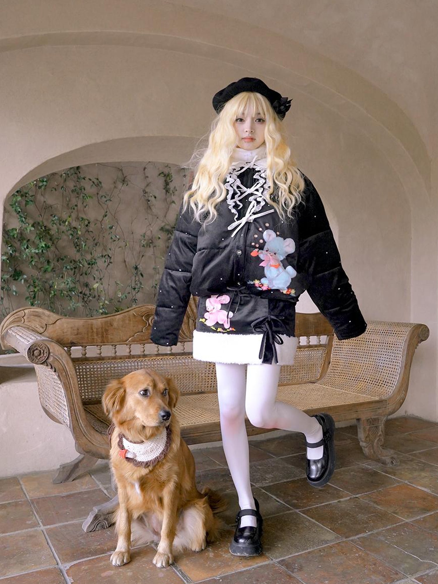 Daytoday Vintage Bow Dot Print Teddy Jacket