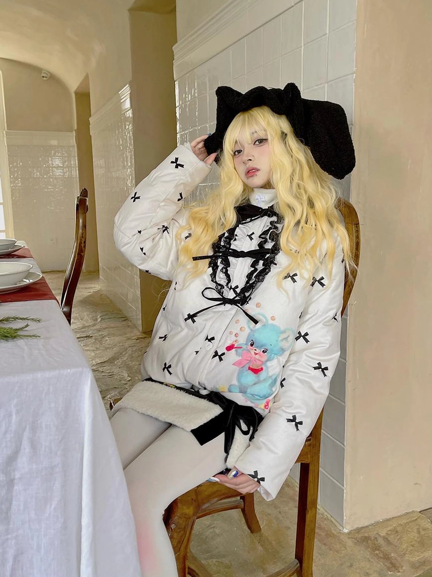 Vintage Bow Dot Print Teddy Jacket