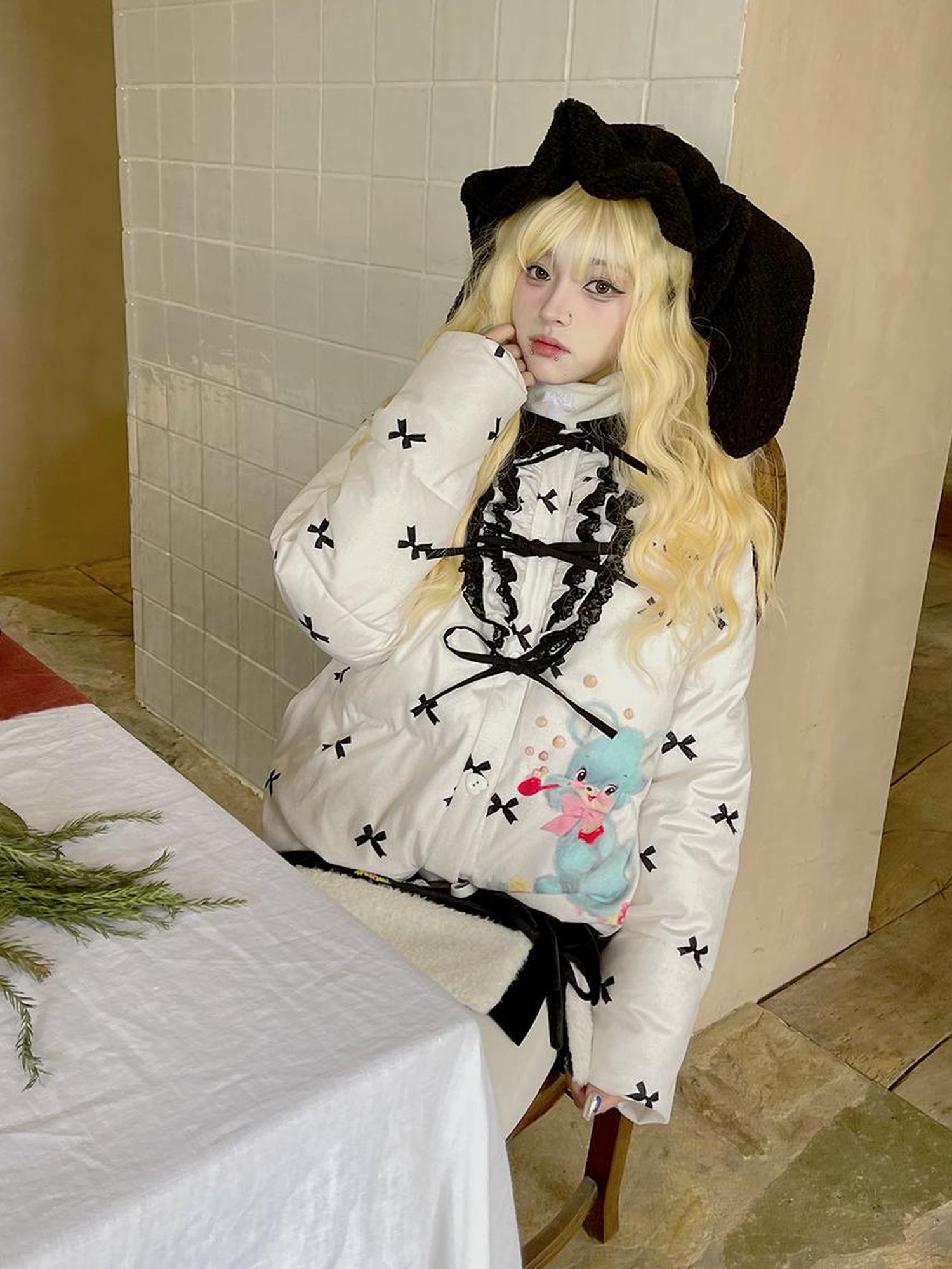 Daytoday Vintage Bow Dot Print Teddy Jacket