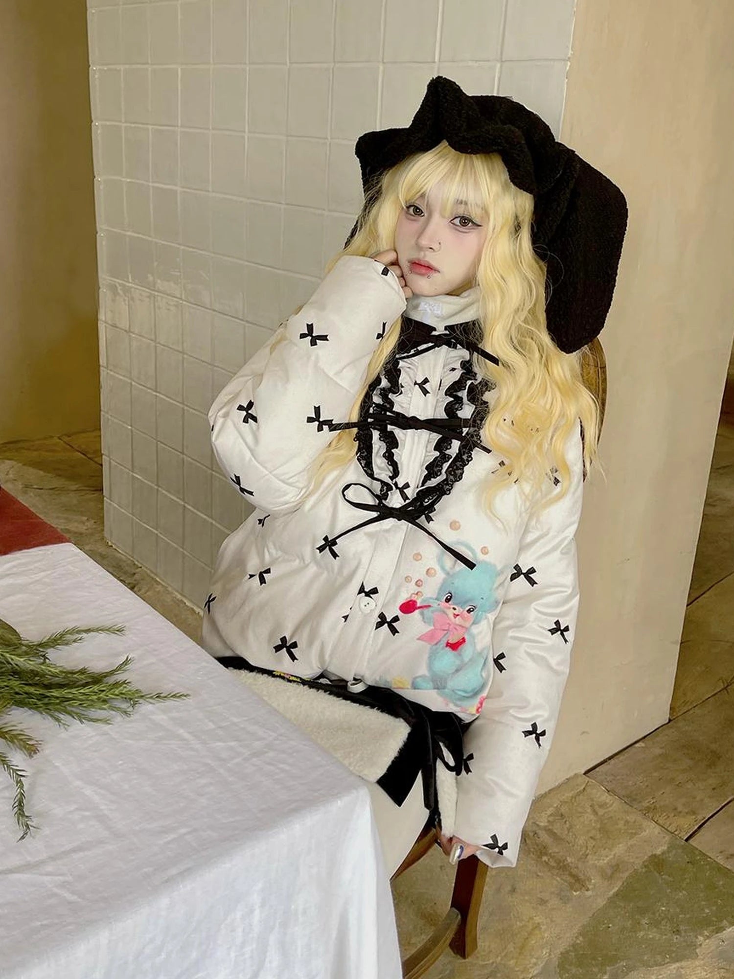 Vintage Bow Dot Print Teddy Jacket