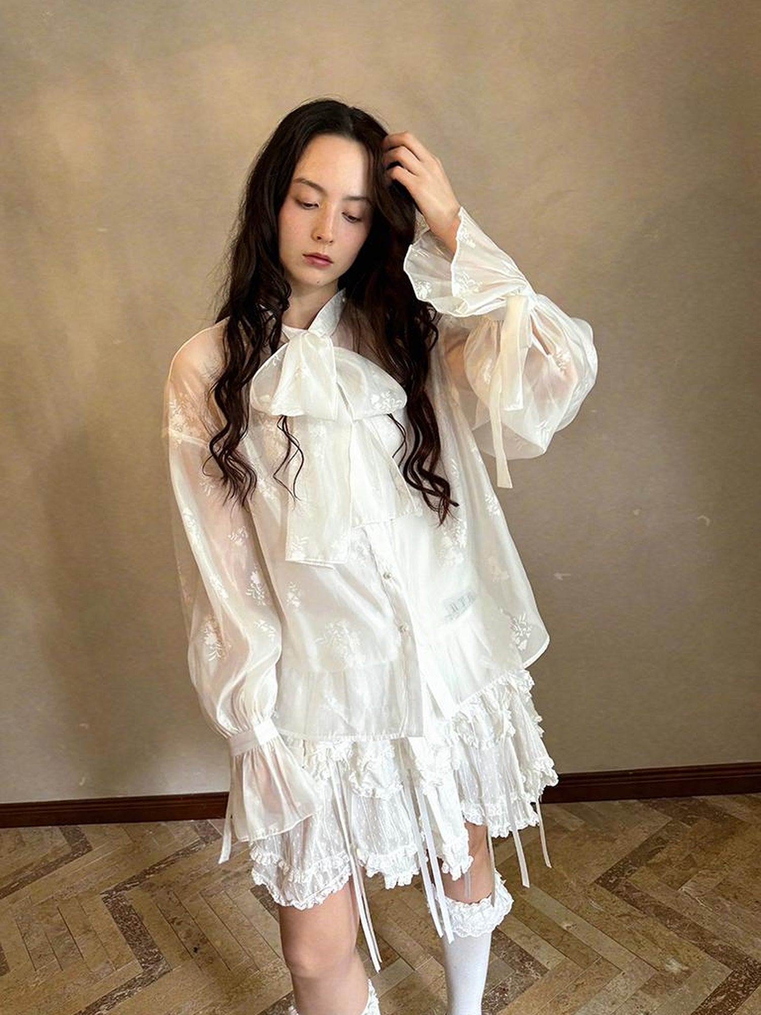 Daytoday Vintage Bow Print Puff Sleeve Blouse