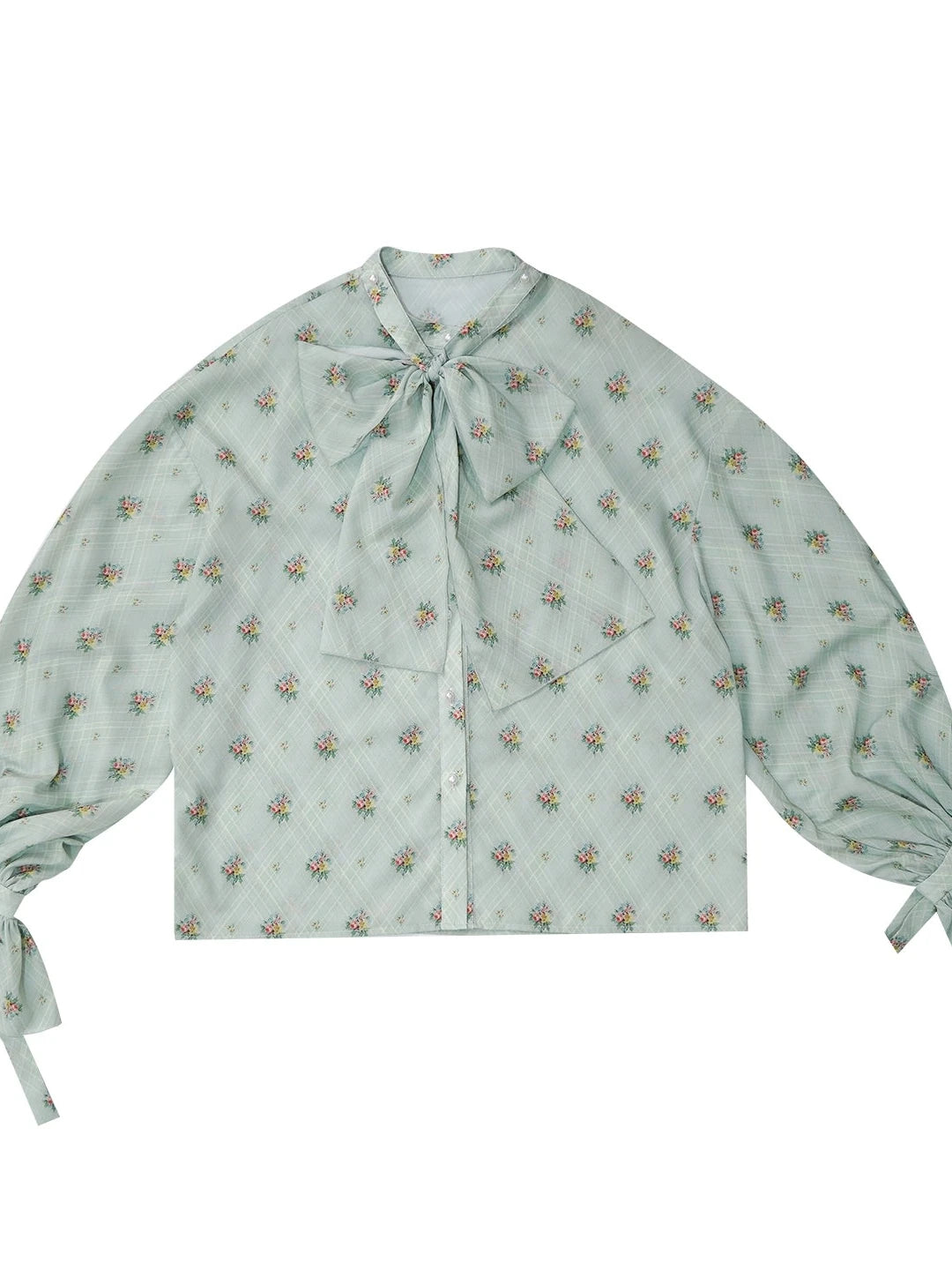 Vintage Bow Print Puff Sleeve Blouse