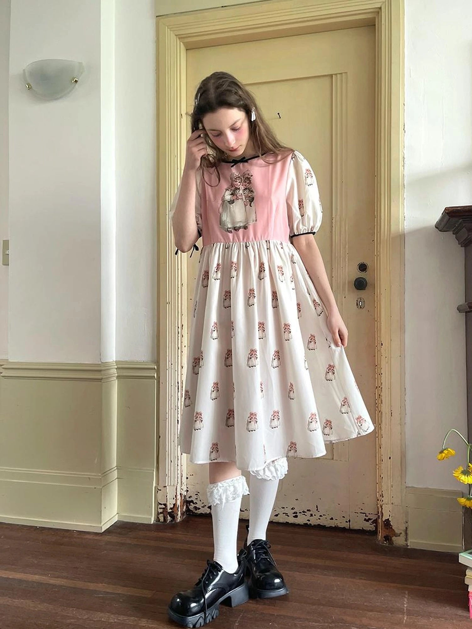 Vintage Doll Print Cute Short Sleeve Dress