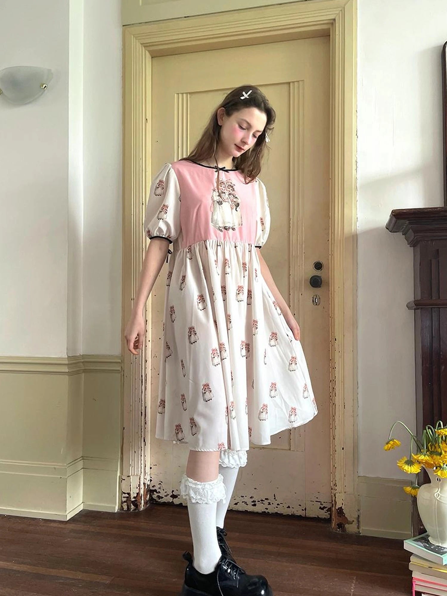 Vintage Doll Print Cute Short Sleeve Dress