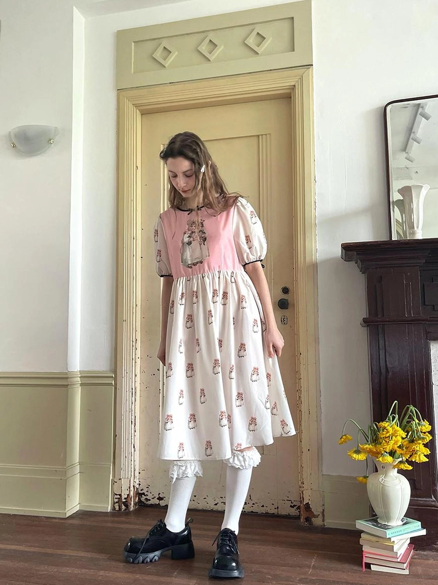 Vintage Doll Print Cute Short Sleeve Dress