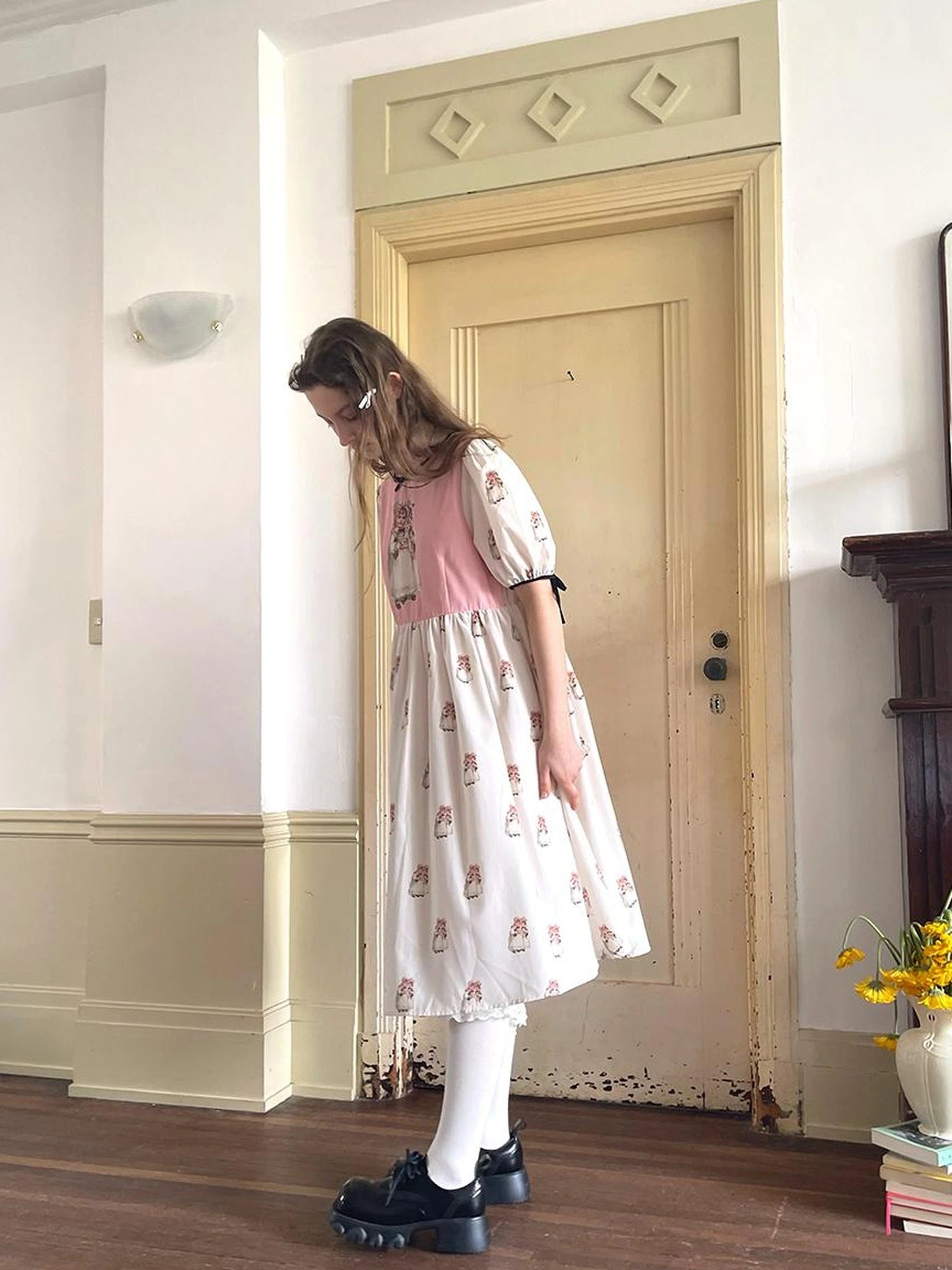 Vintage Doll Print Cute Short Sleeve Dress