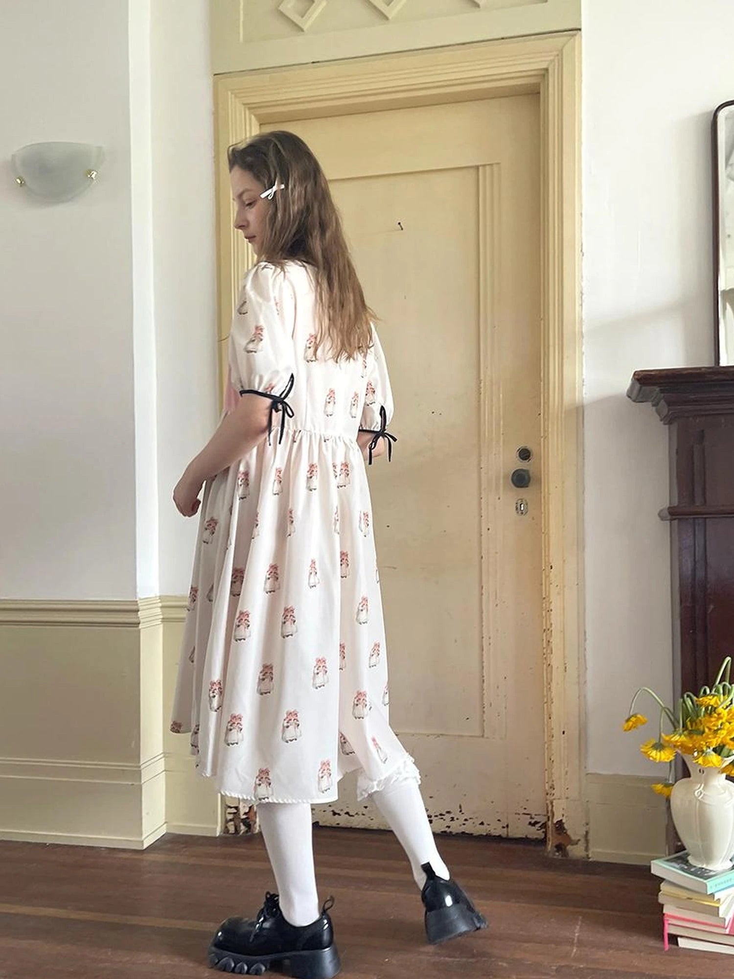 Vintage Doll Print Cute Short Sleeve Dress