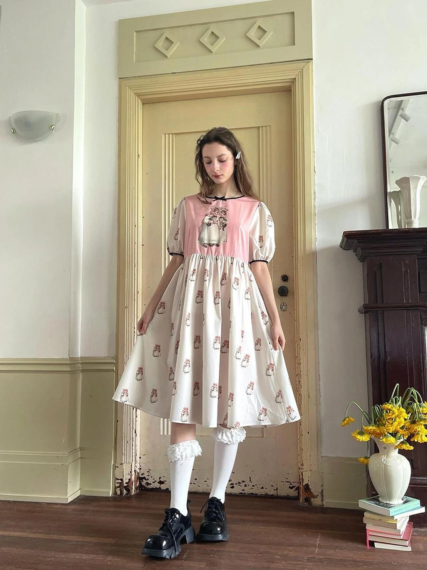 Vintage Doll Print Cute Short Sleeve Dress