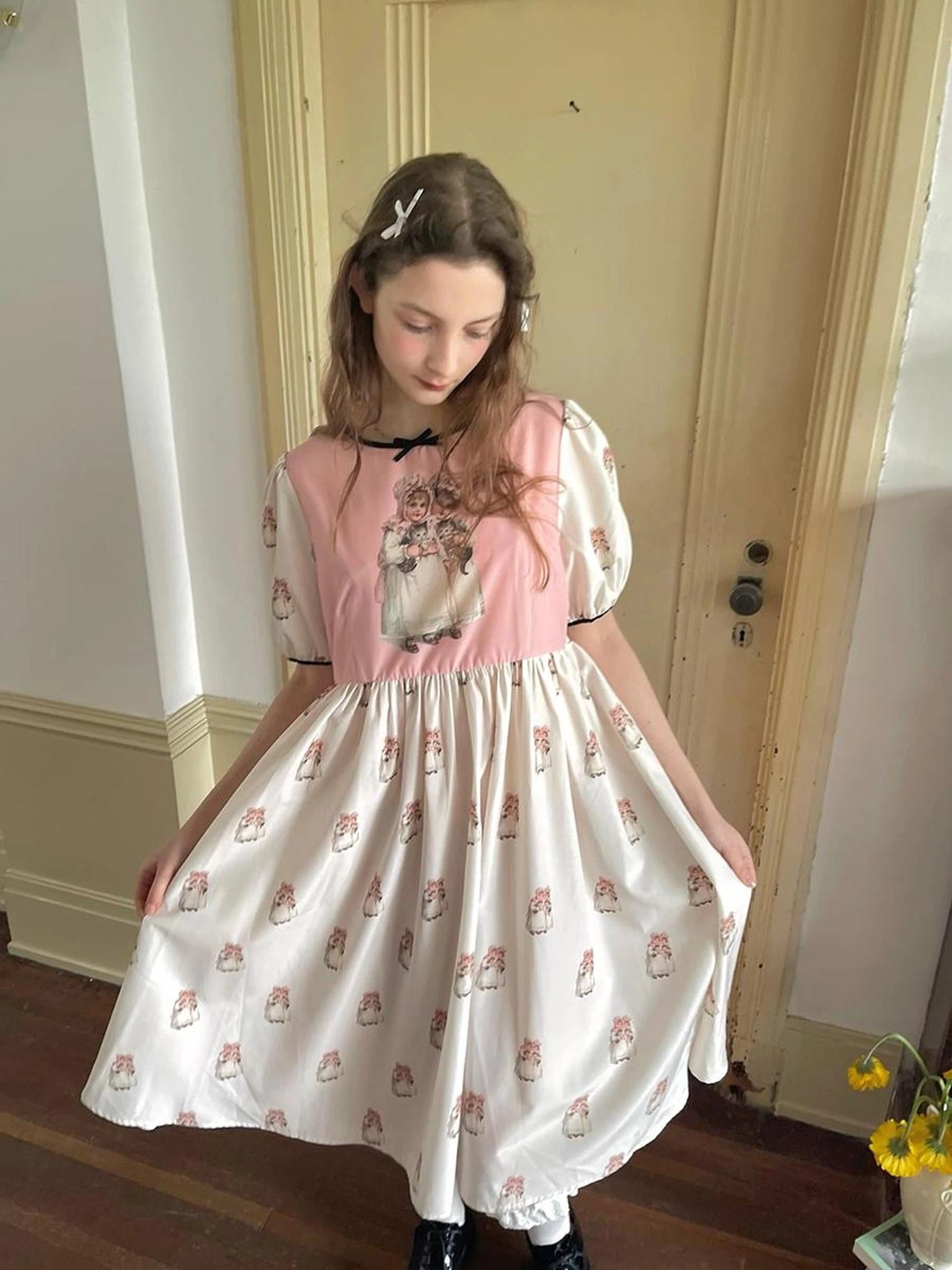 Vintage Doll Print Cute Short Sleeve Dress