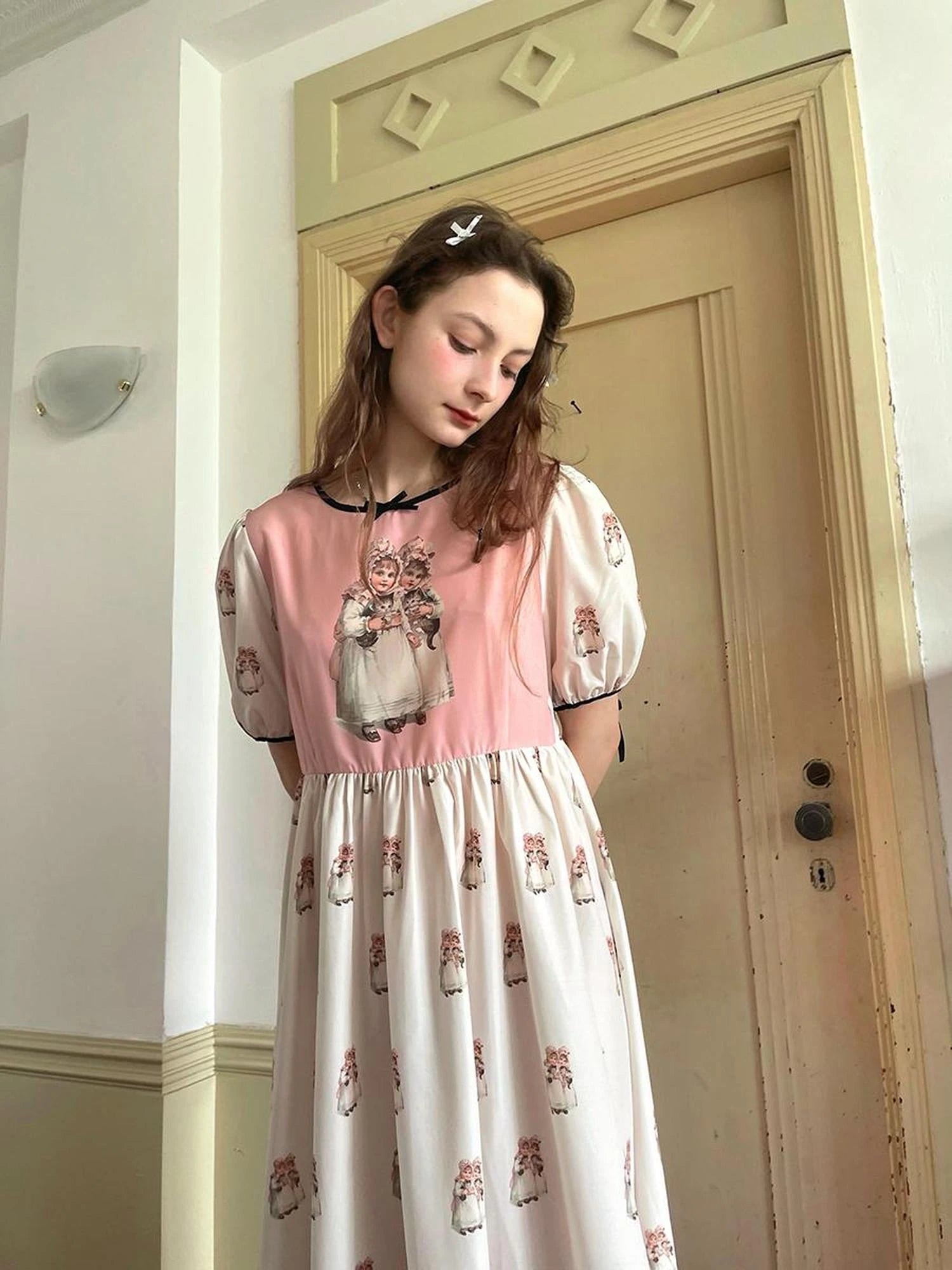 Vintage Doll Print Cute Short Sleeve Dress
