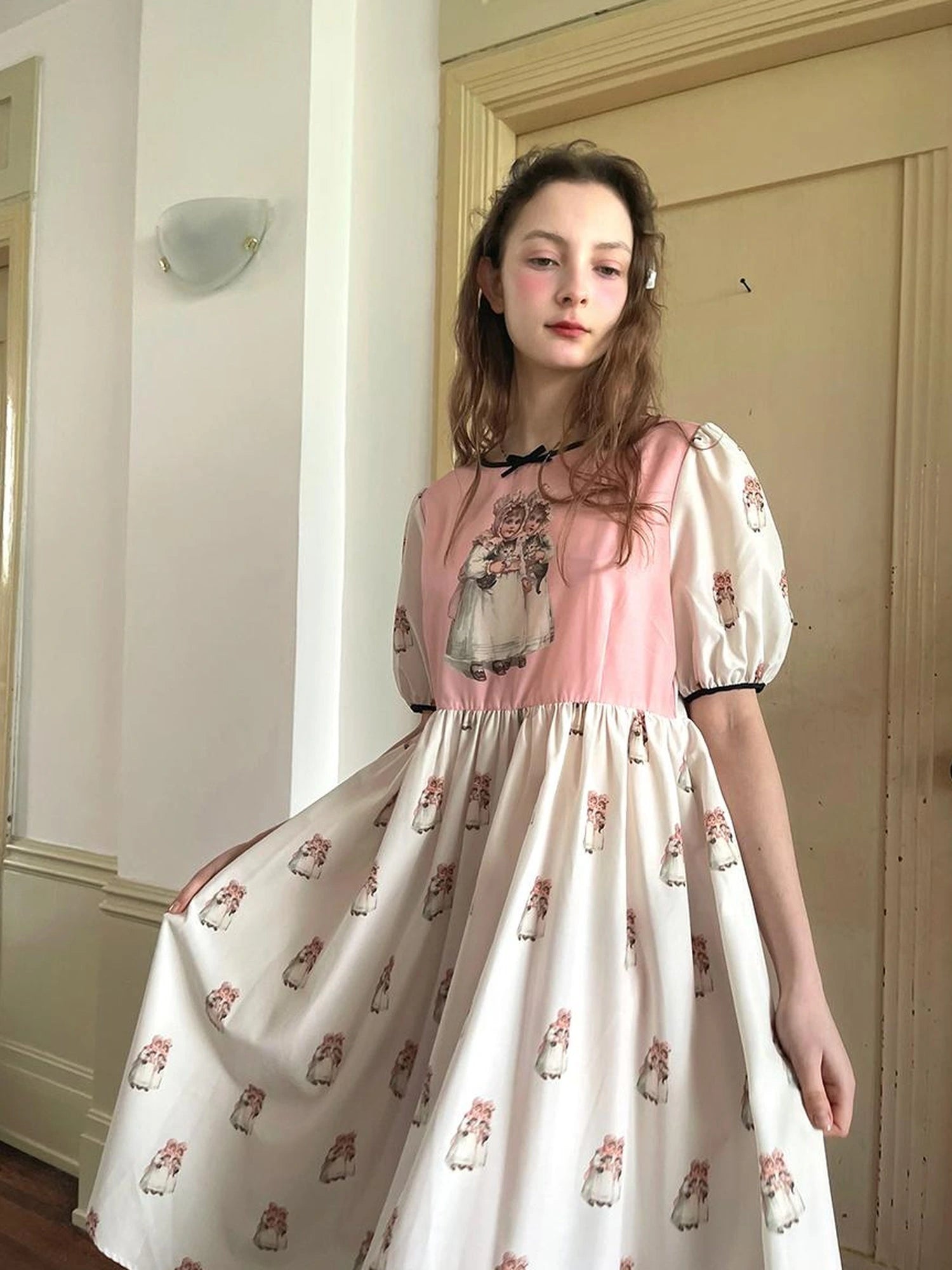 Vintage Doll Print Cute Short Sleeve Dress