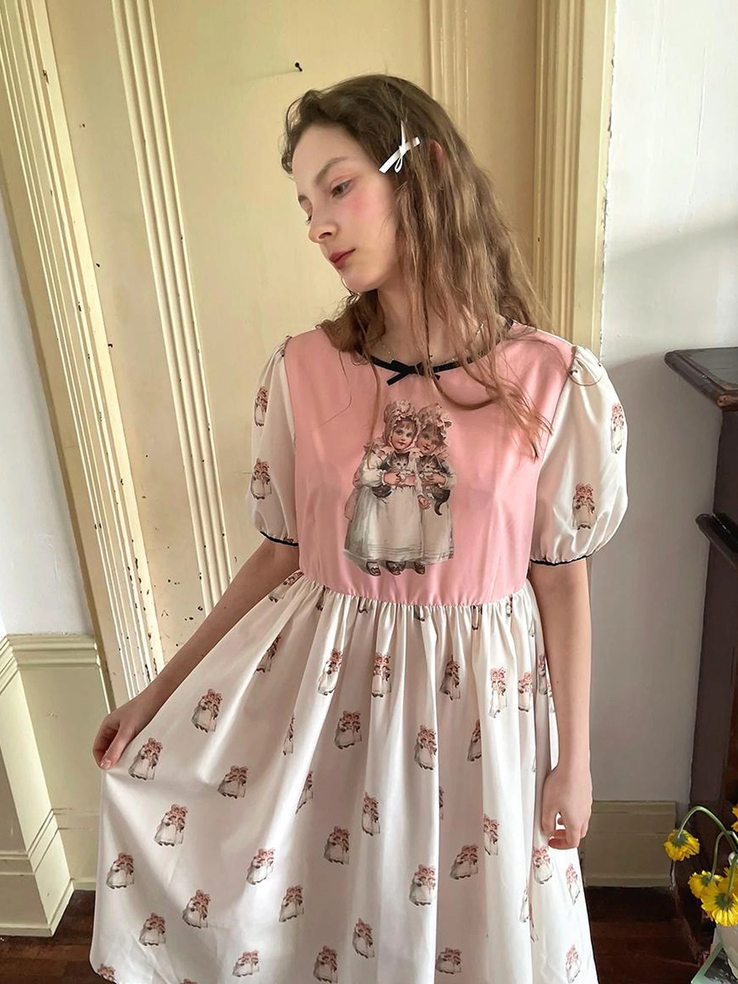 Vintage Doll Print Cute Short Sleeve Dress