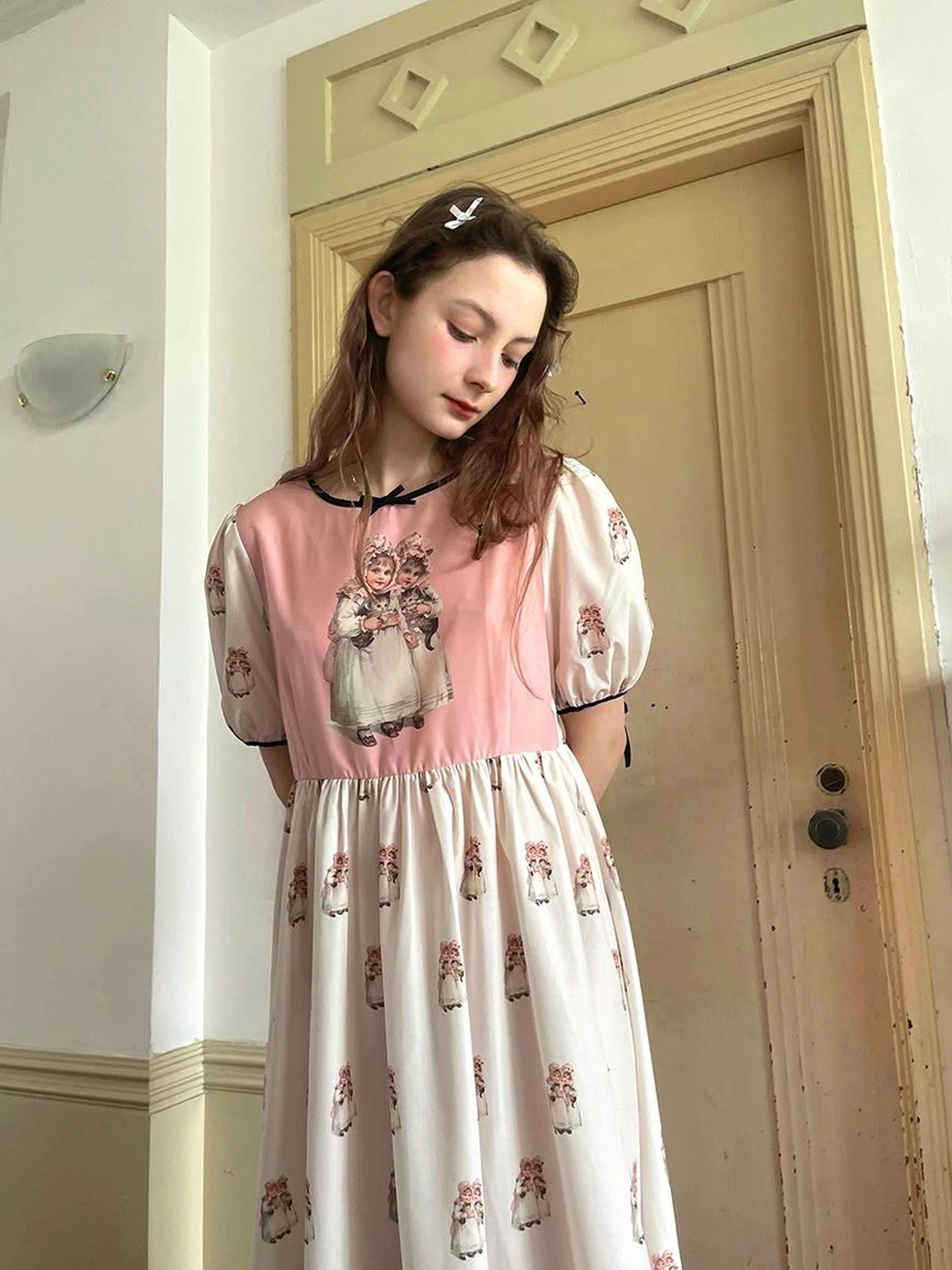 Vintage Doll Print Cute Short Sleeve Dress