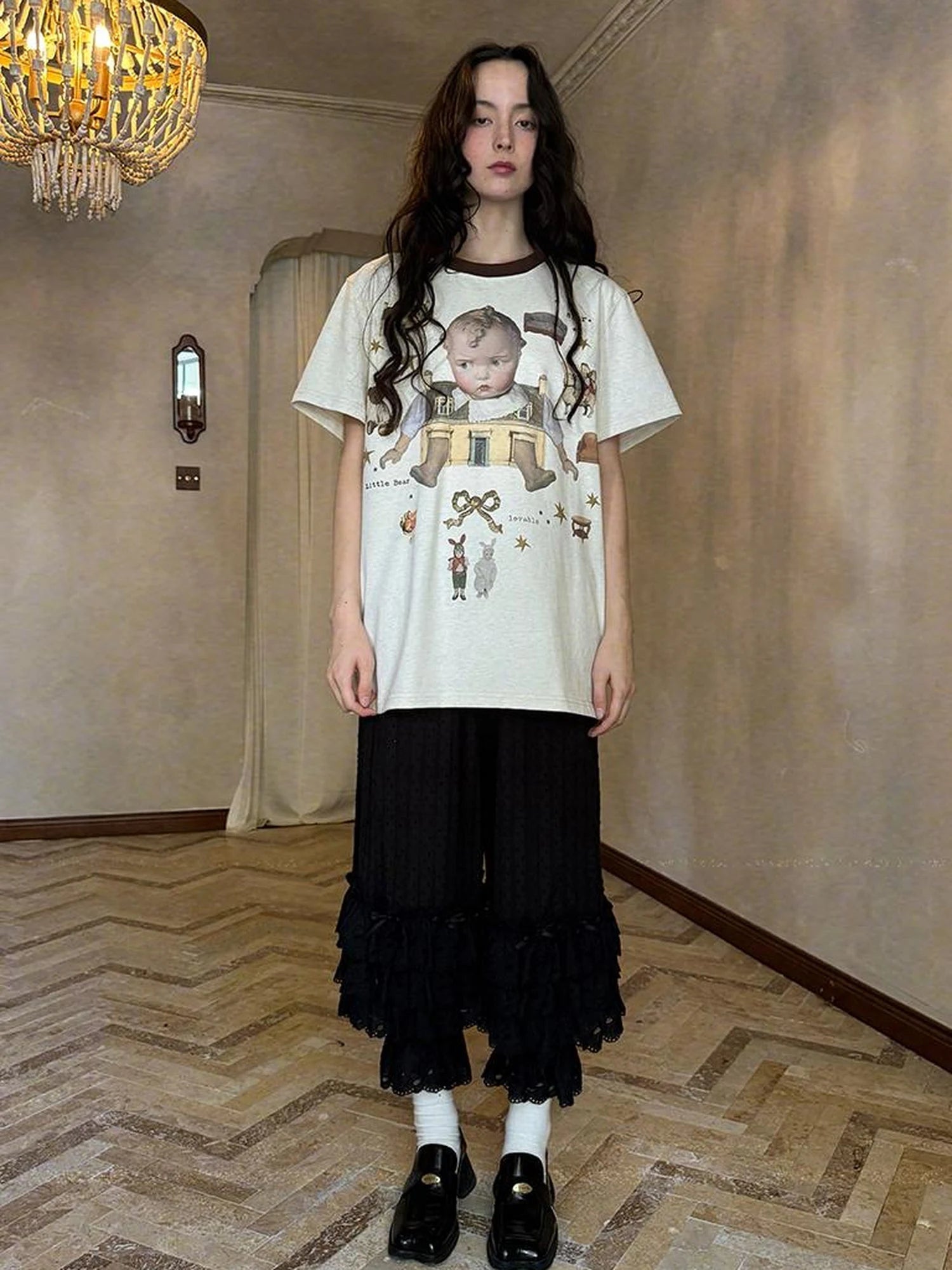 Vintage Doll Print Loose T Shirt