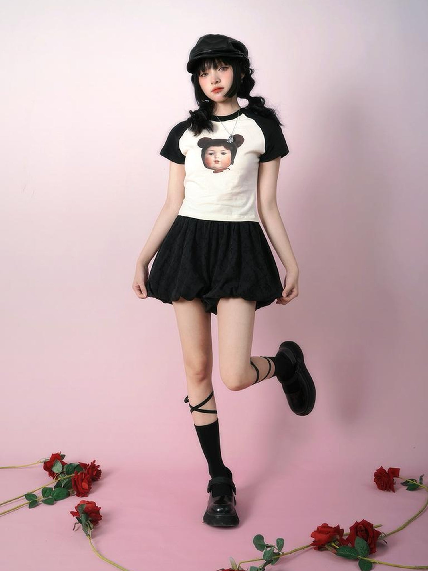 Daytoday Vintage Doll Print Teddy Bear Patch Short Sleeve Tee