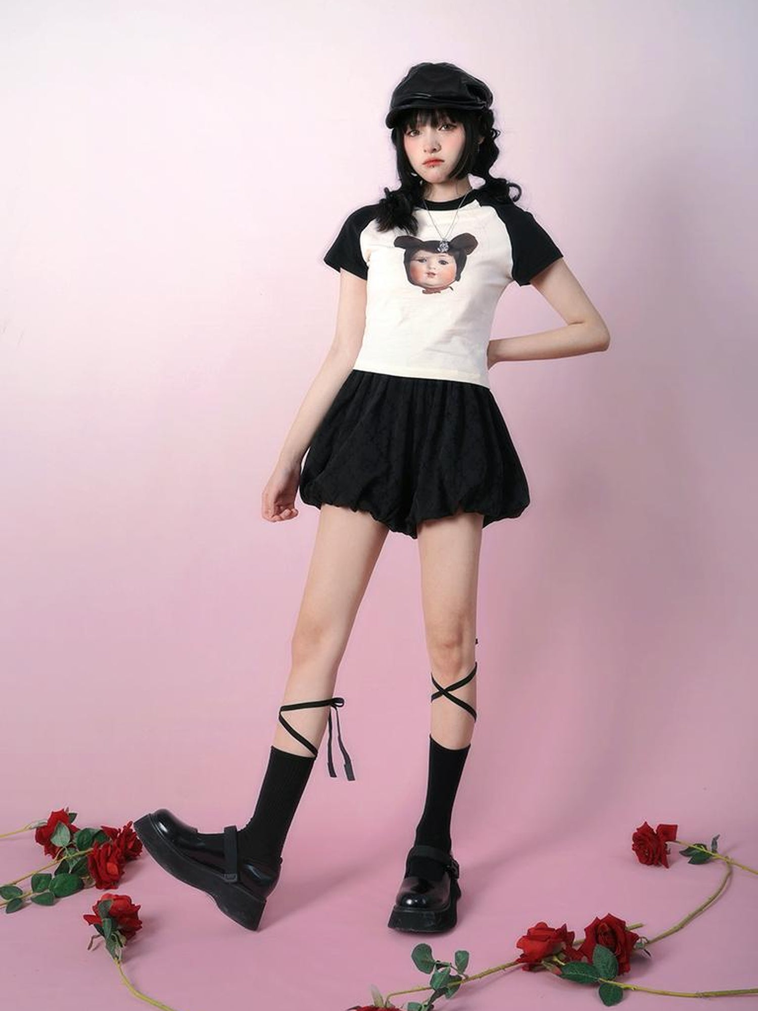 Daytoday Vintage Doll Print Teddy Bear Patch Short Sleeve Tee
