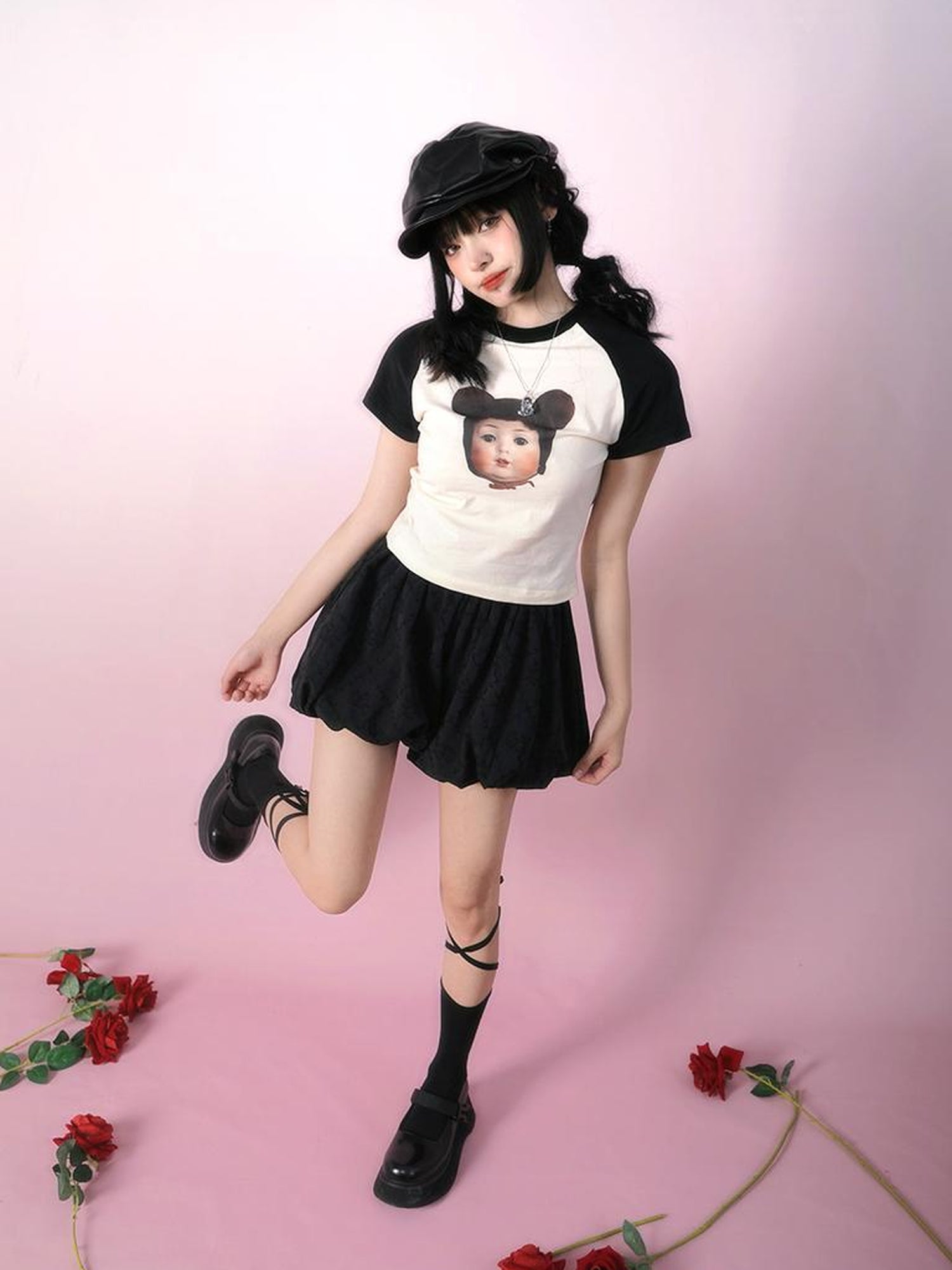 Daytoday Vintage Doll Print Teddy Bear Patch Short Sleeve Tee