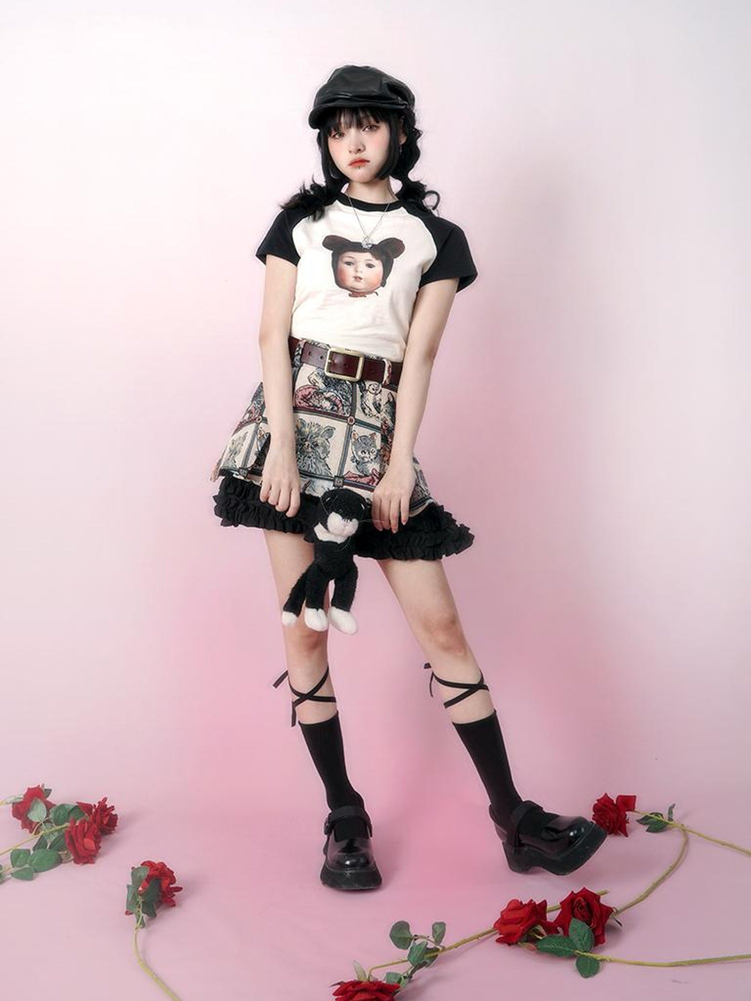 Daytoday Vintage Doll Print Teddy Bear Patch Short Sleeve Tee