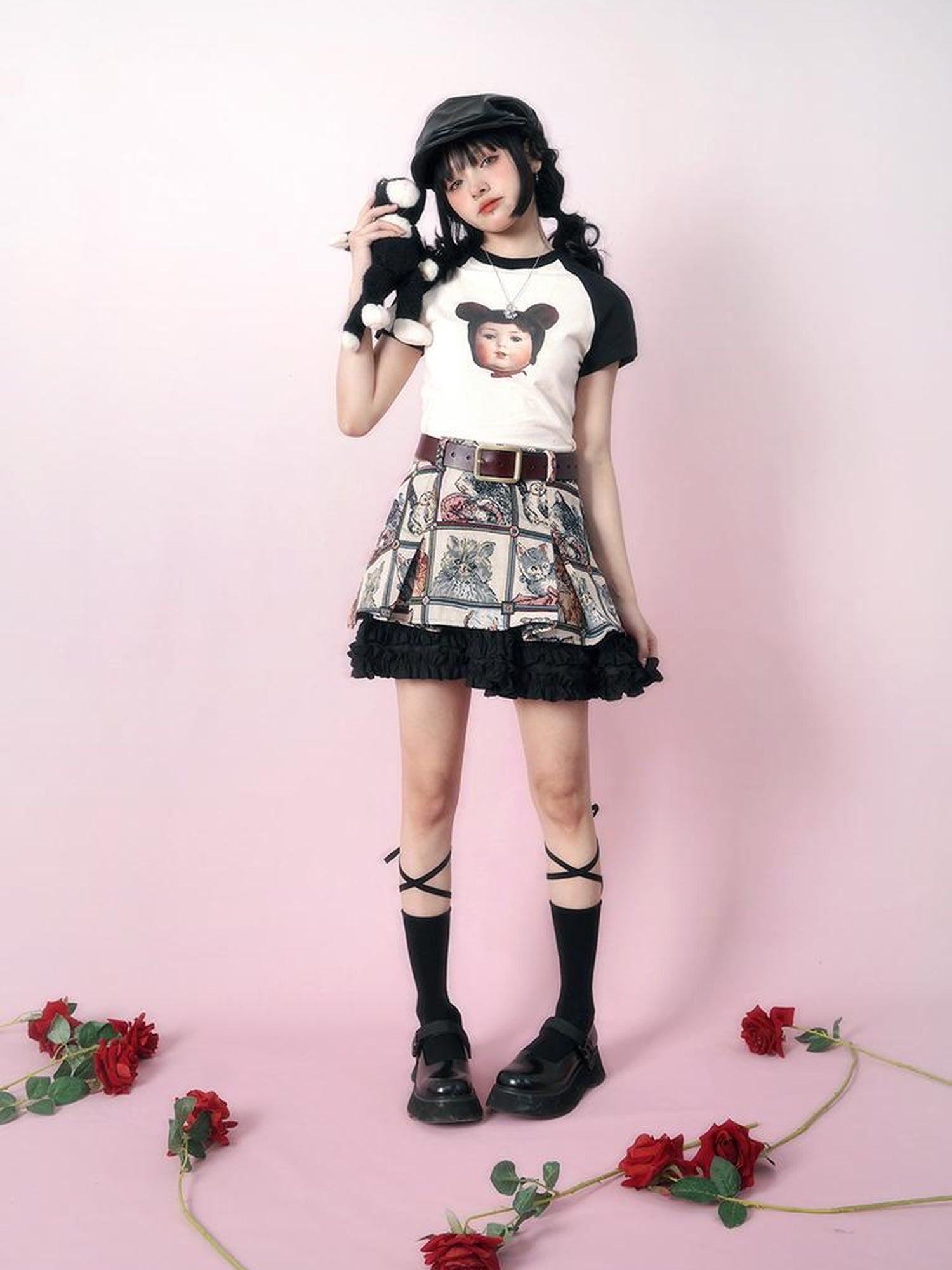 Daytoday Vintage Doll Print Teddy Bear Patch Short Sleeve Tee