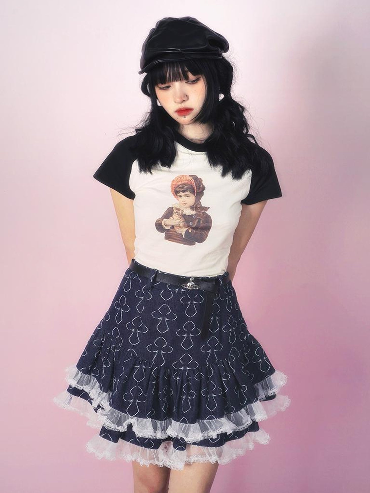 Daytoday Vintage Doll Print Teddy Bear Patch Short Sleeve Tee