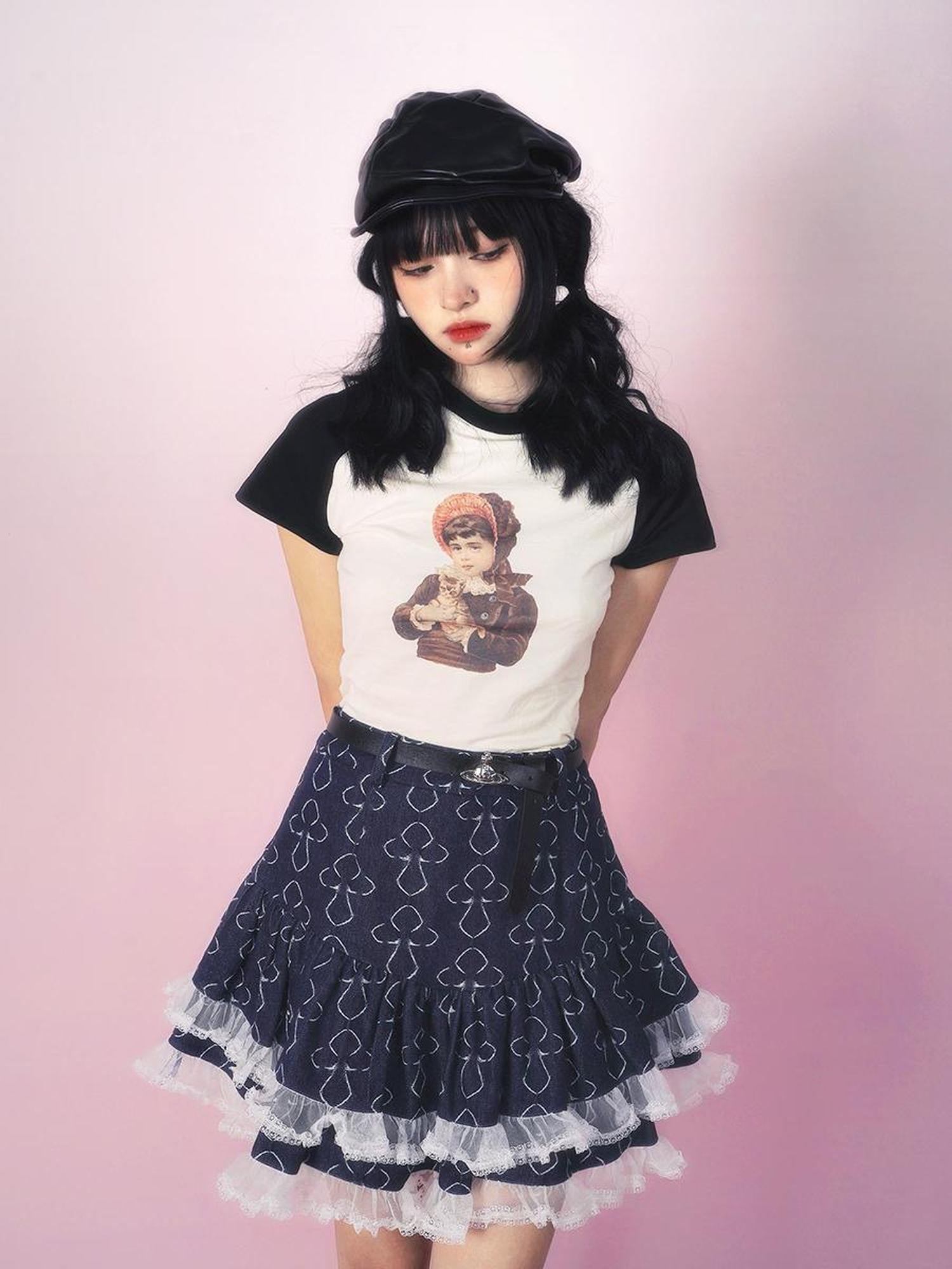 Daytoday Vintage Doll Print Teddy Bear Patch Short Sleeve Tee