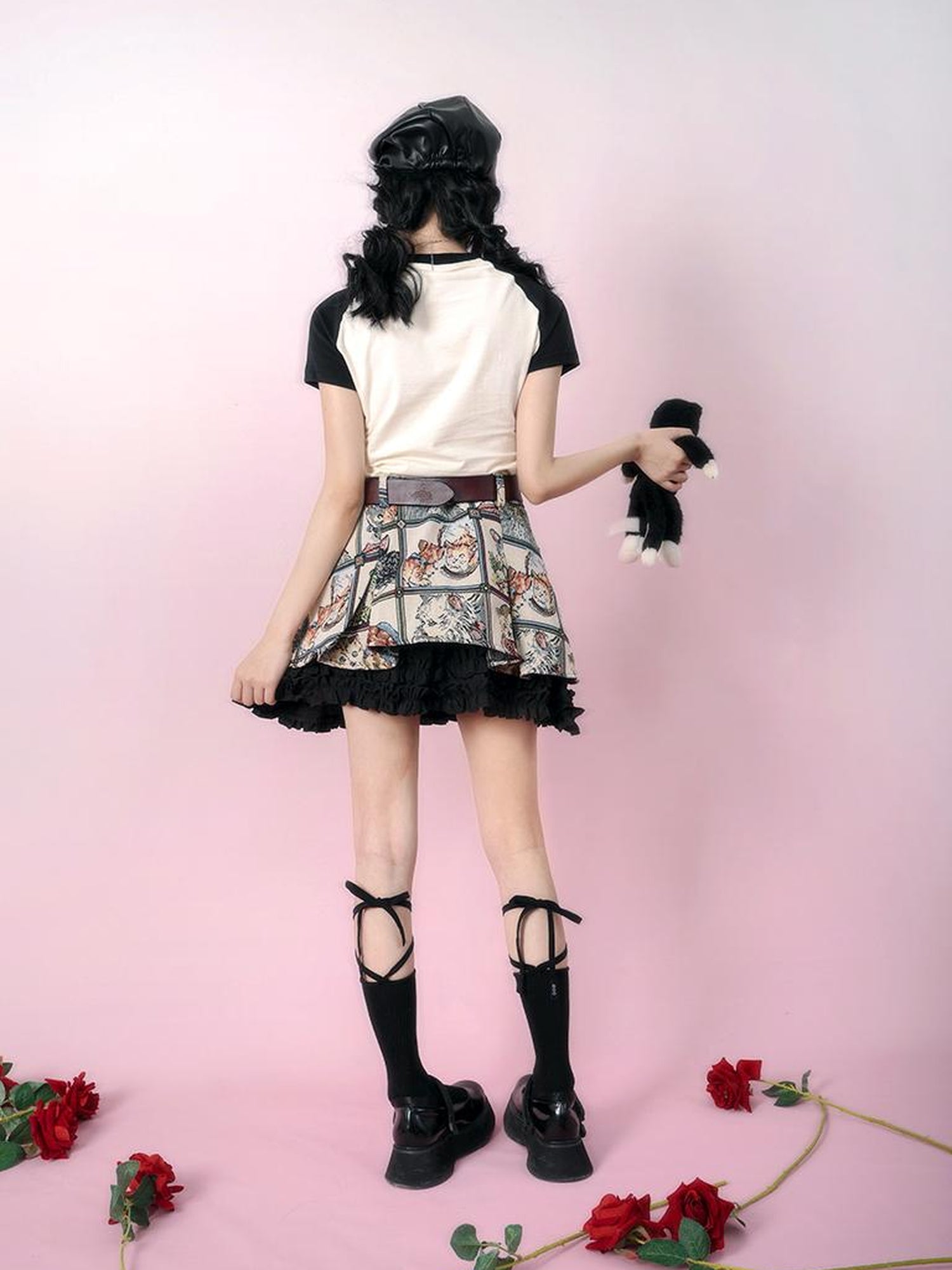 Daytoday Vintage Doll Print Teddy Bear Patch Short Sleeve Tee