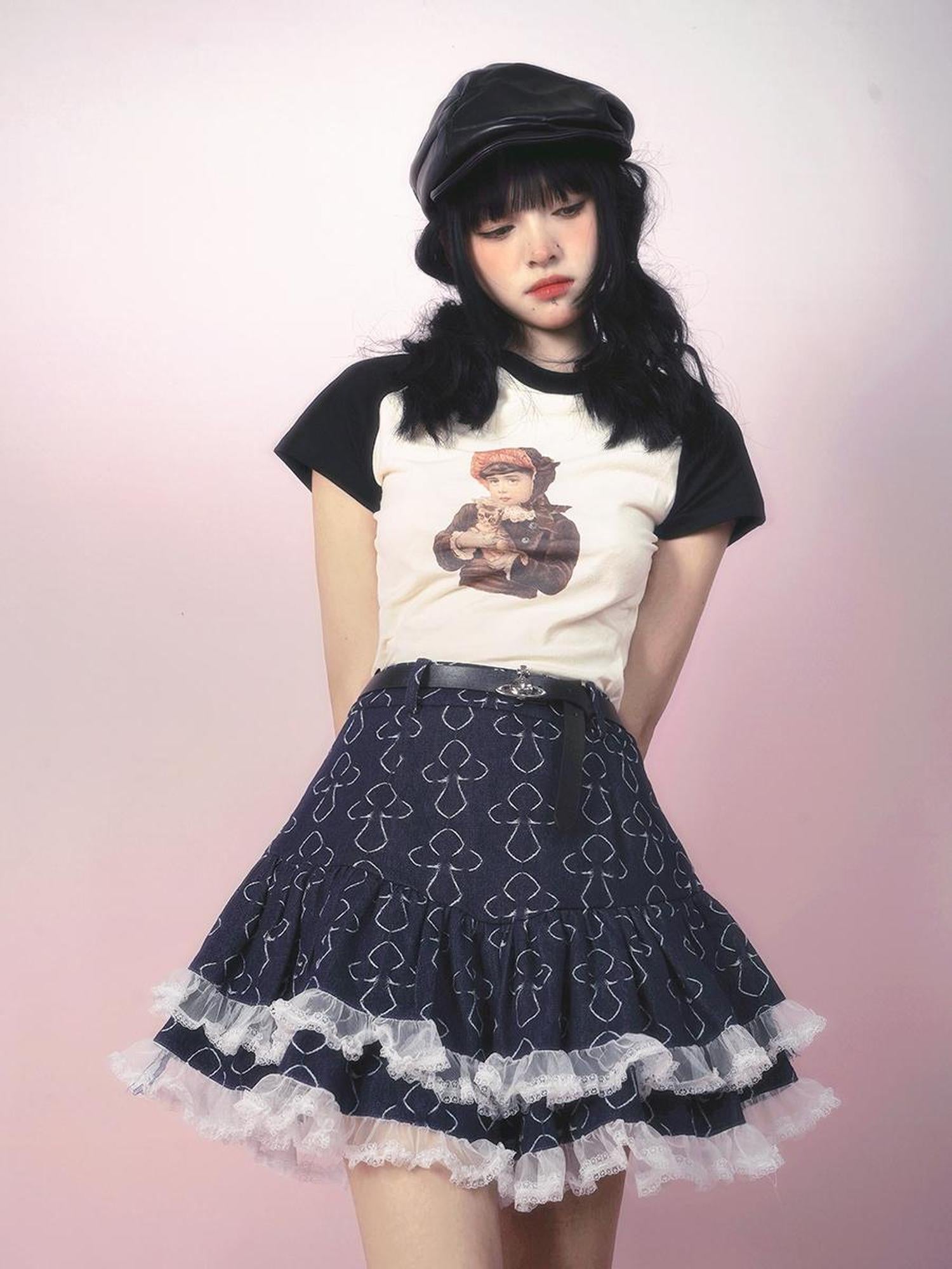 Daytoday Vintage Doll Print Teddy Bear Patch Short Sleeve Tee