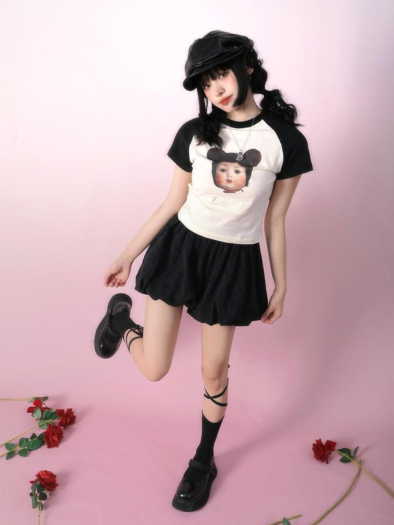 Daytoday Vintage Doll Print Teddy Bear Patch Short Sleeve Tee