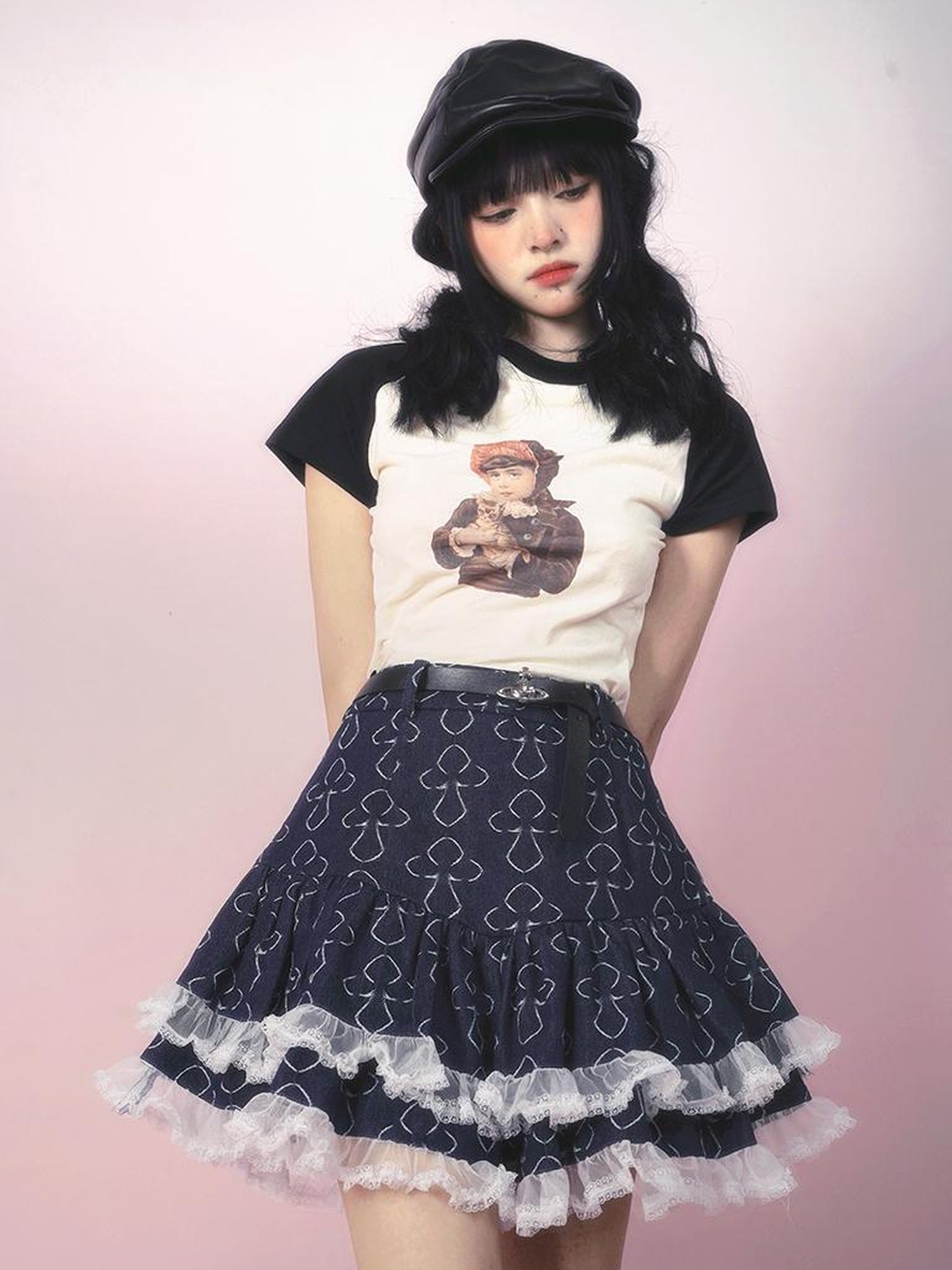 Daytoday Vintage Doll Print Teddy Bear Patch Short Sleeve Tee