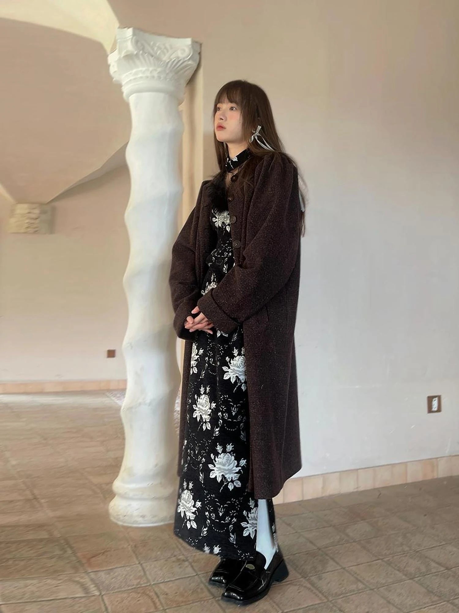 Vintage Floral Jacquard Side Slit Midi Skirt