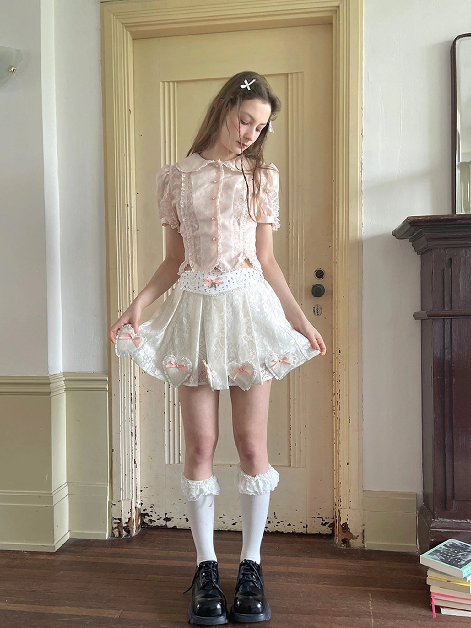 Vintage Floral Petal Waist Bubble Sleeve Shirt