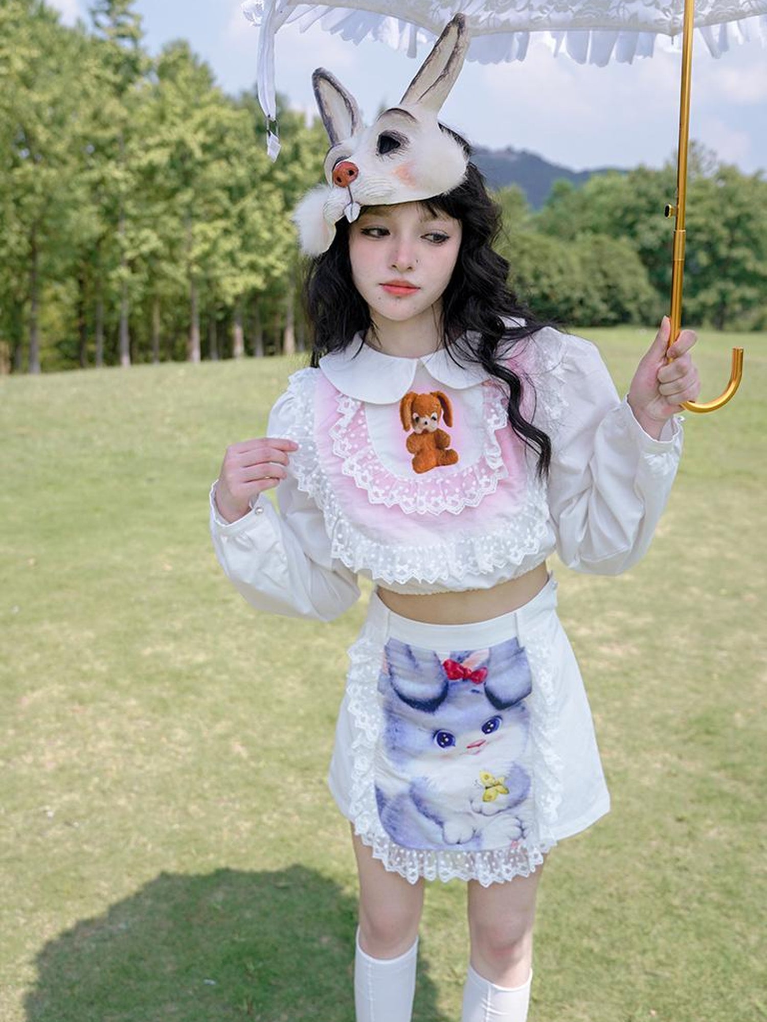 Daytoday Vintage Lace Print Rabbit Short Skirt