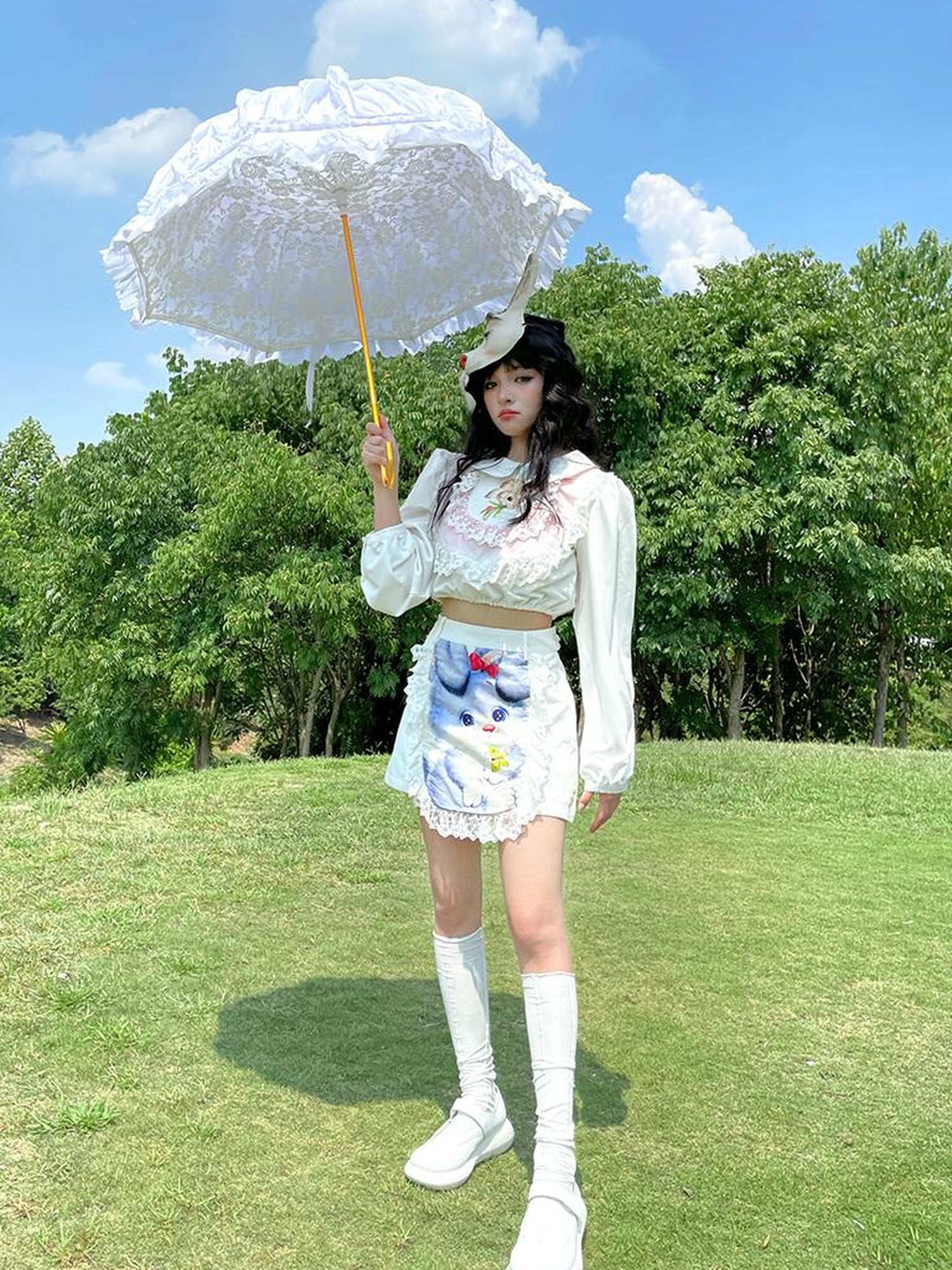 Daytoday Vintage Lace Print Rabbit Short Skirt