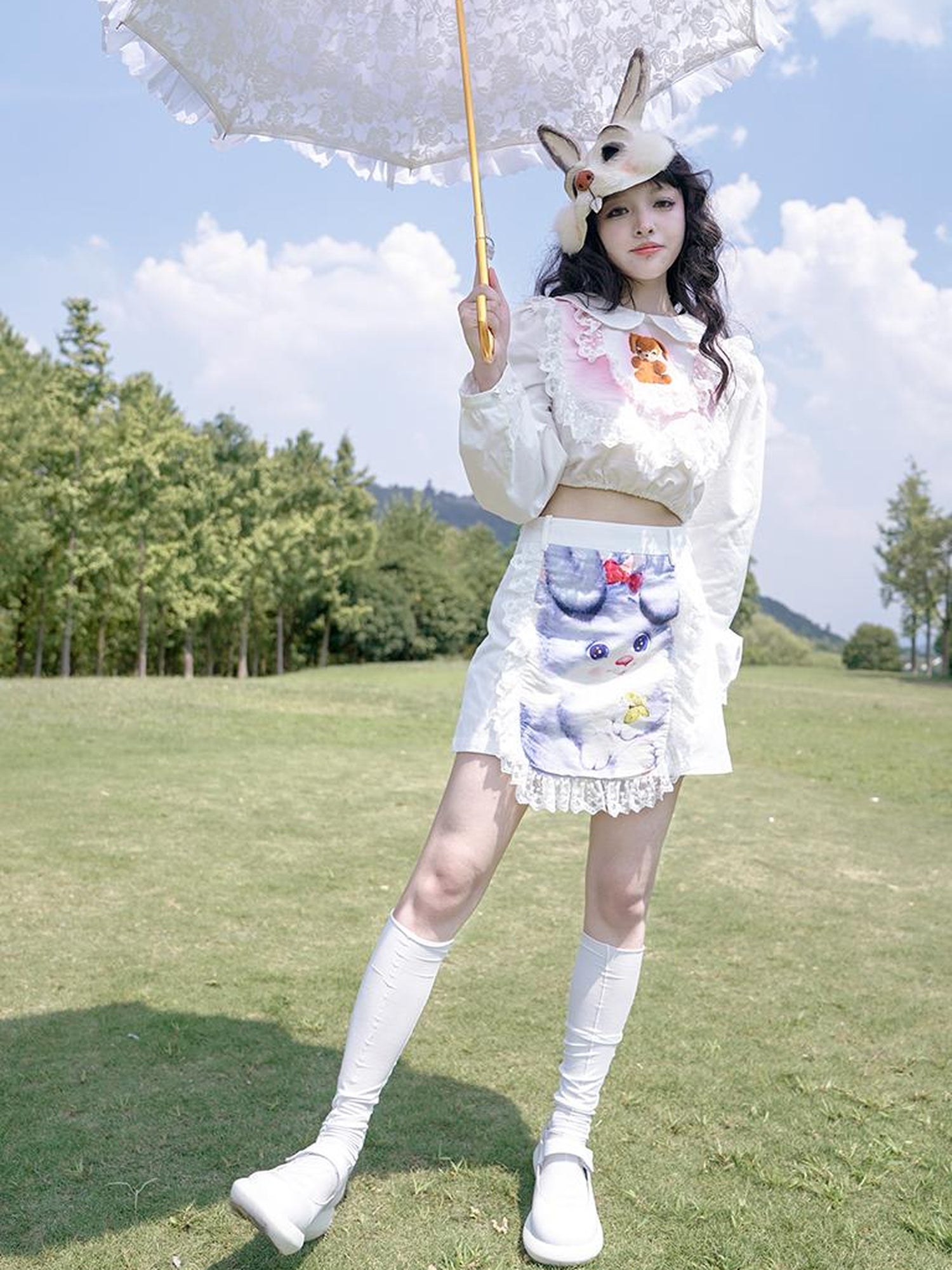 Daytoday Vintage Lace Print Rabbit Short Skirt