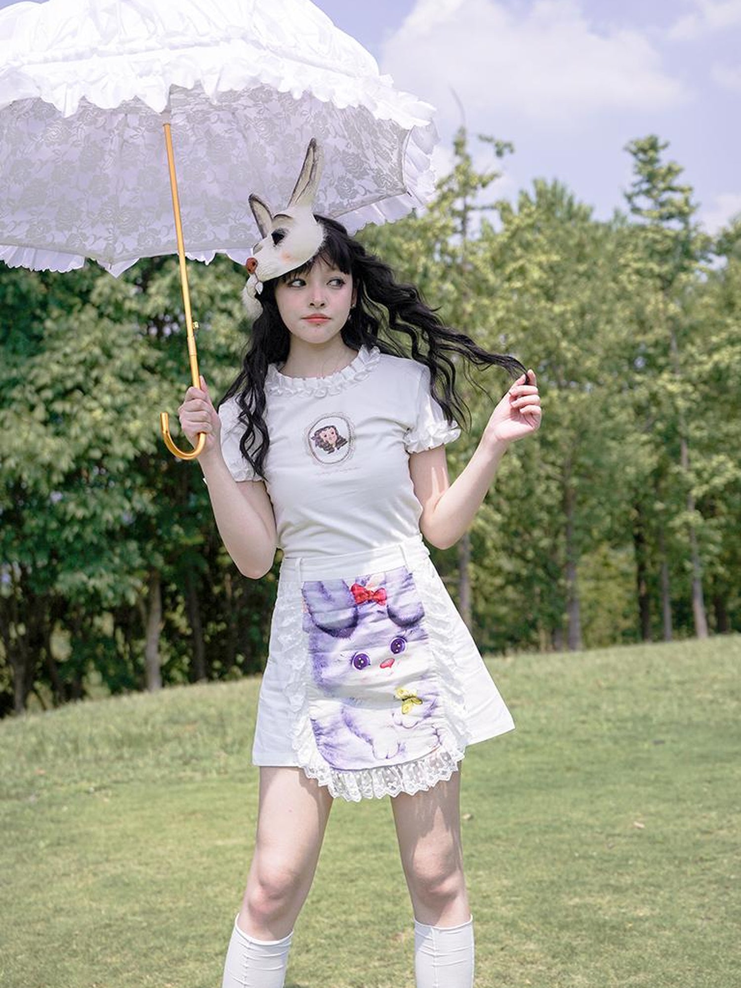 Daytoday Vintage Lace Print Rabbit Short Skirt