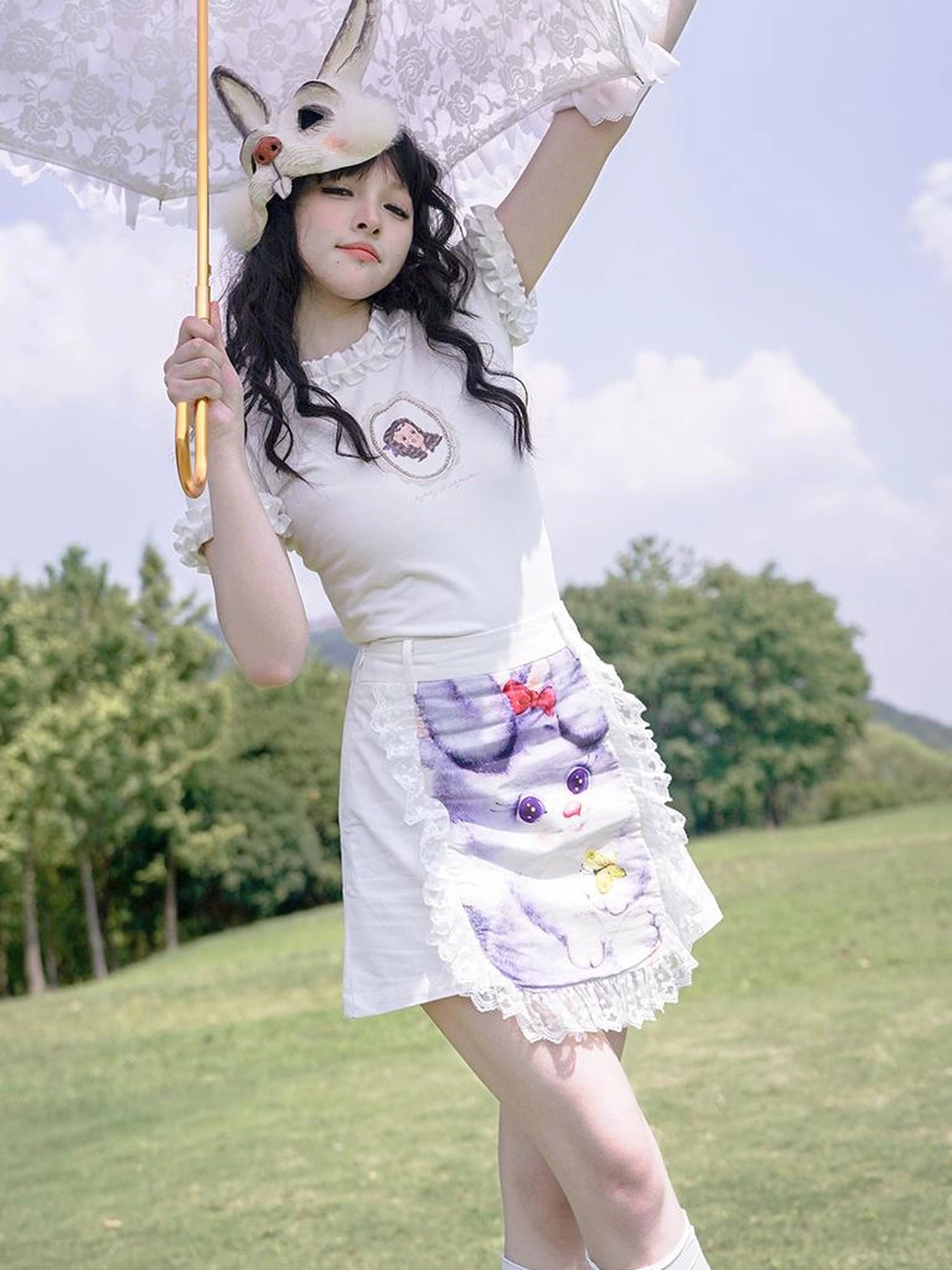 Vintage Lace Print Rabbit Short Skirt