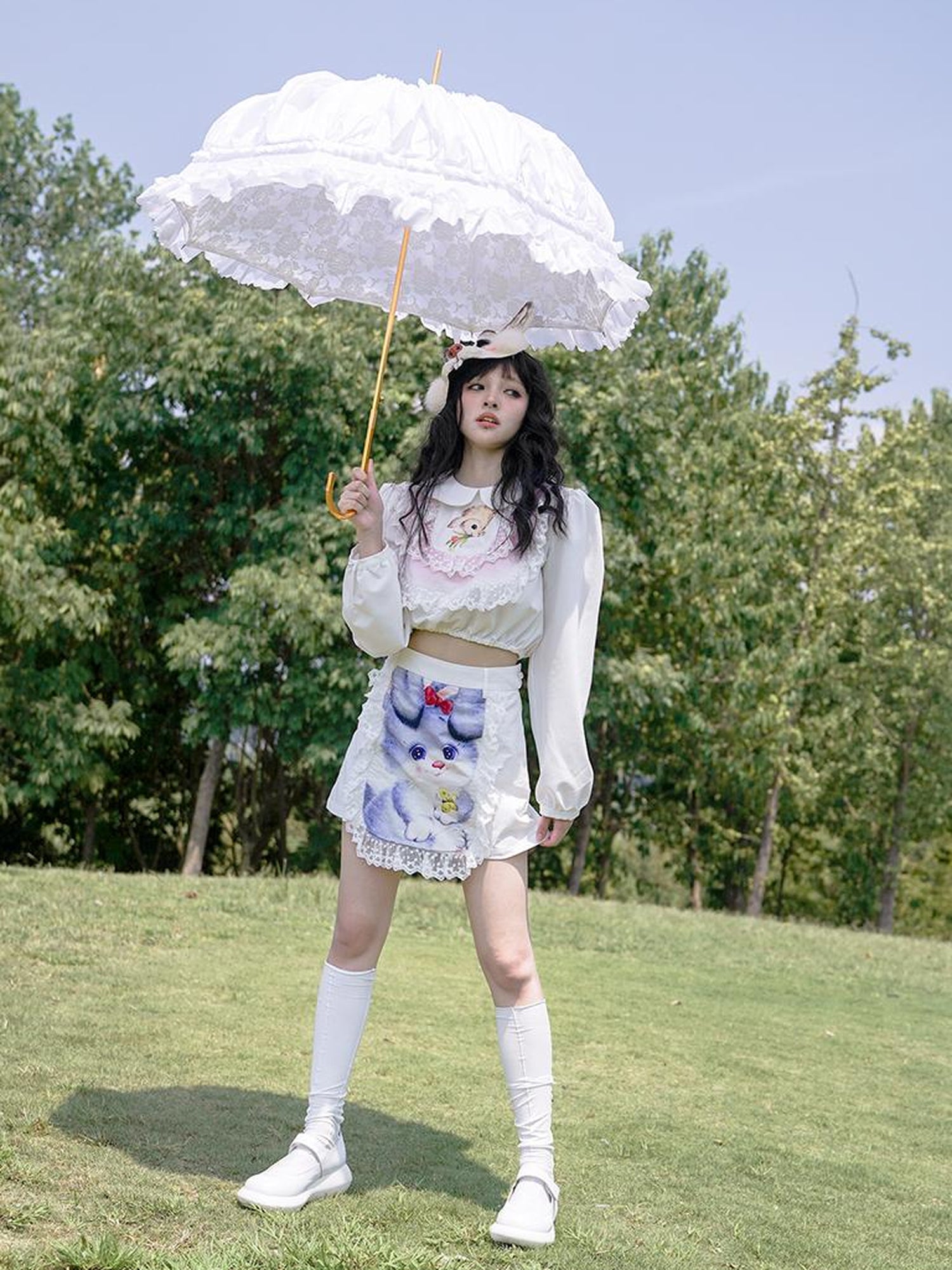 Daytoday Vintage Lace Print Rabbit Short Skirt