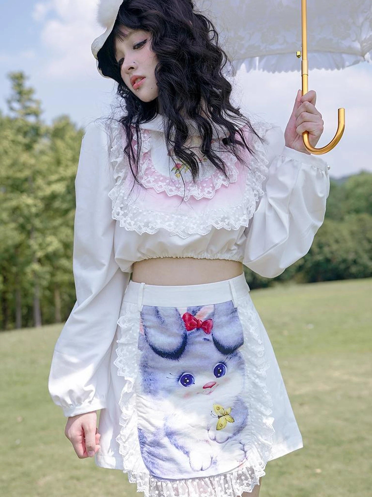 Vintage Lace Print Rabbit Short Skirt