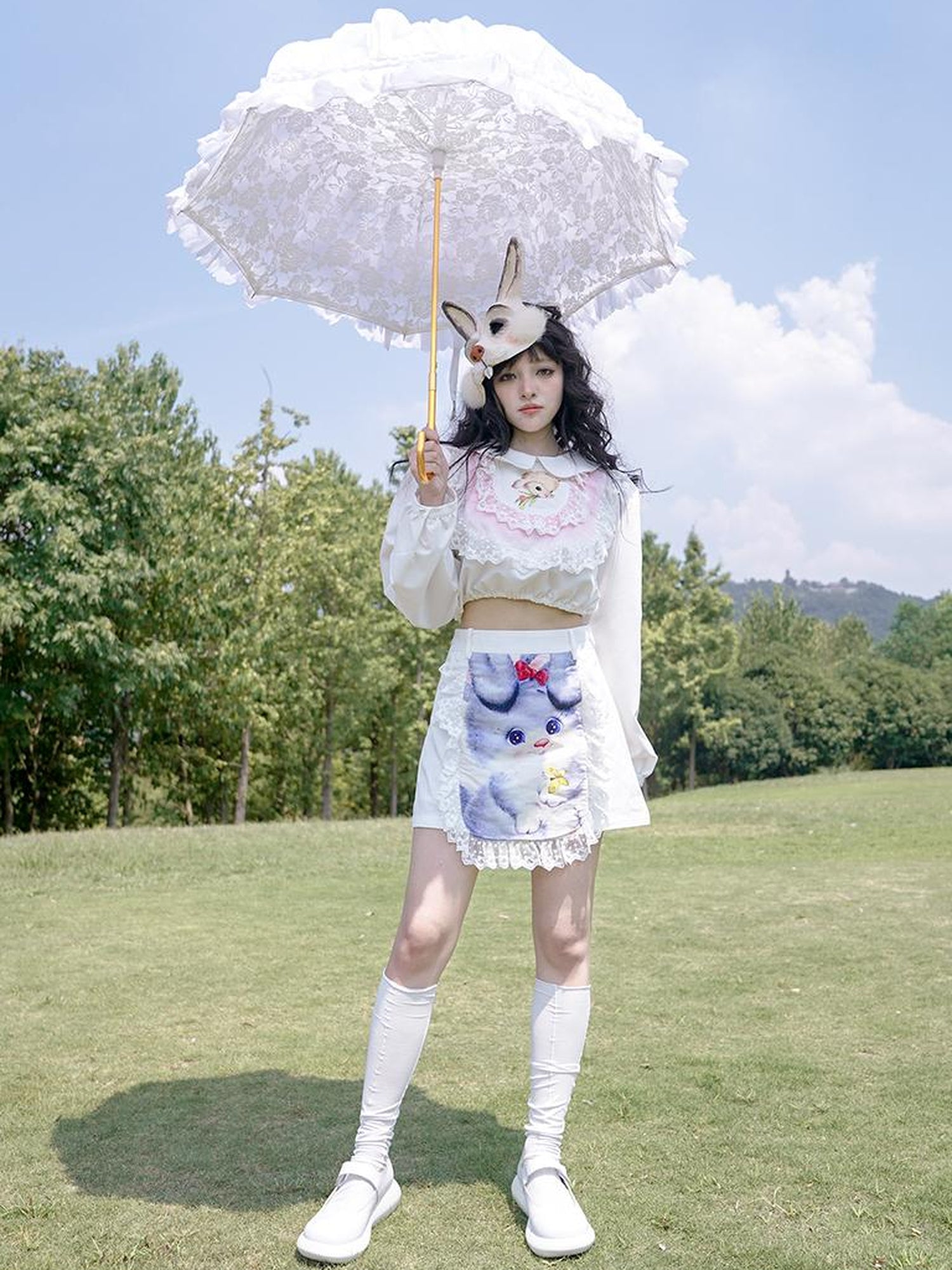 Daytoday Vintage Lace Print Rabbit Short Skirt