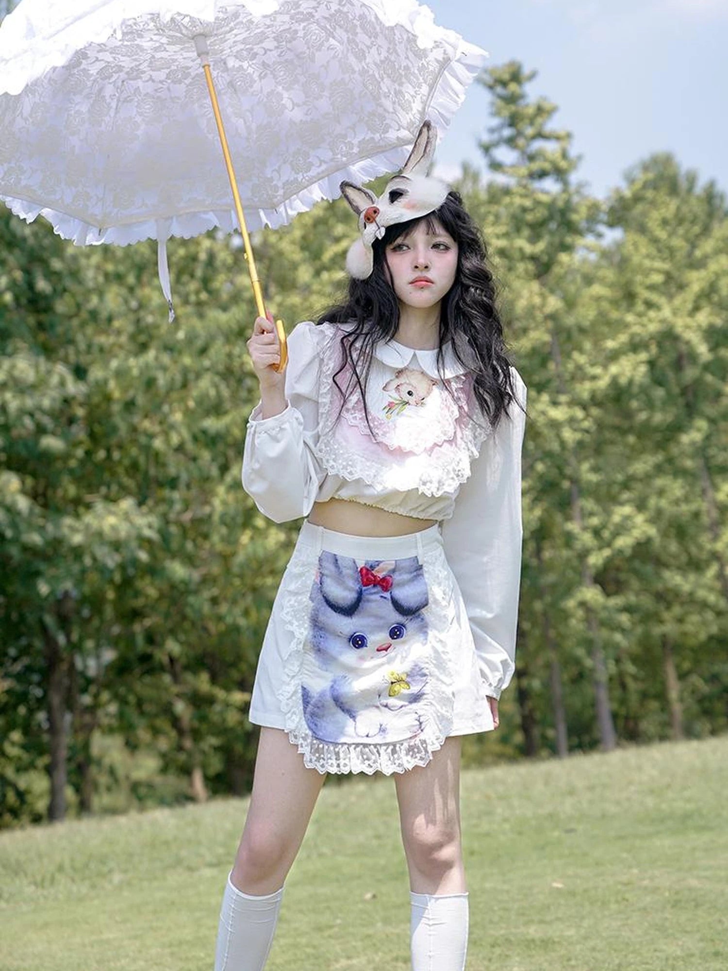 Vintage Lace Print Rabbit Short Skirt