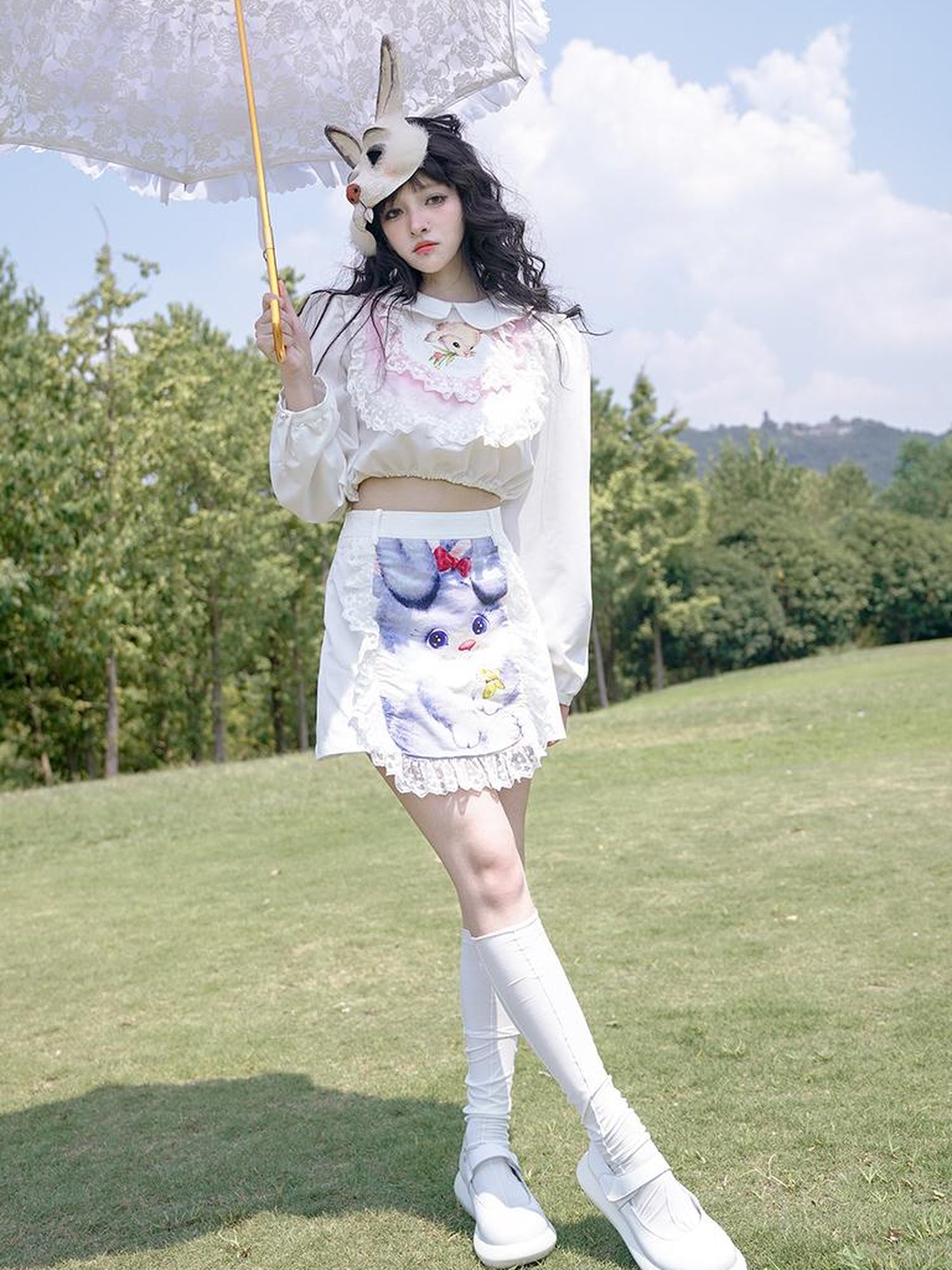 Daytoday Vintage Lace Print Rabbit Short Skirt