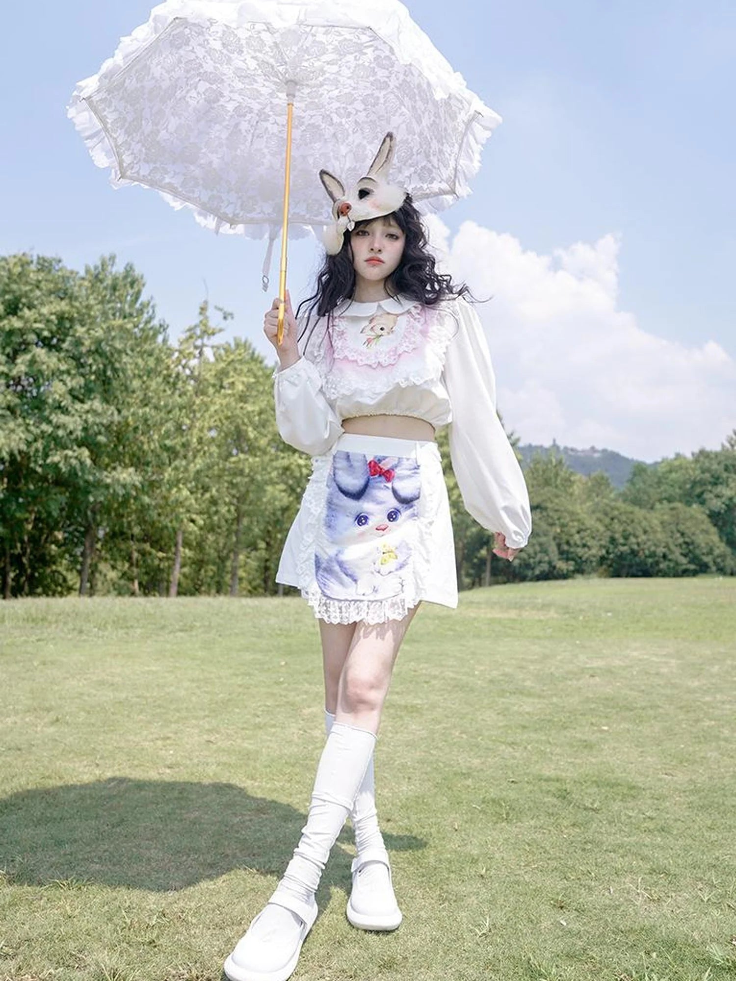 Vintage Lace Print Rabbit Short Skirt