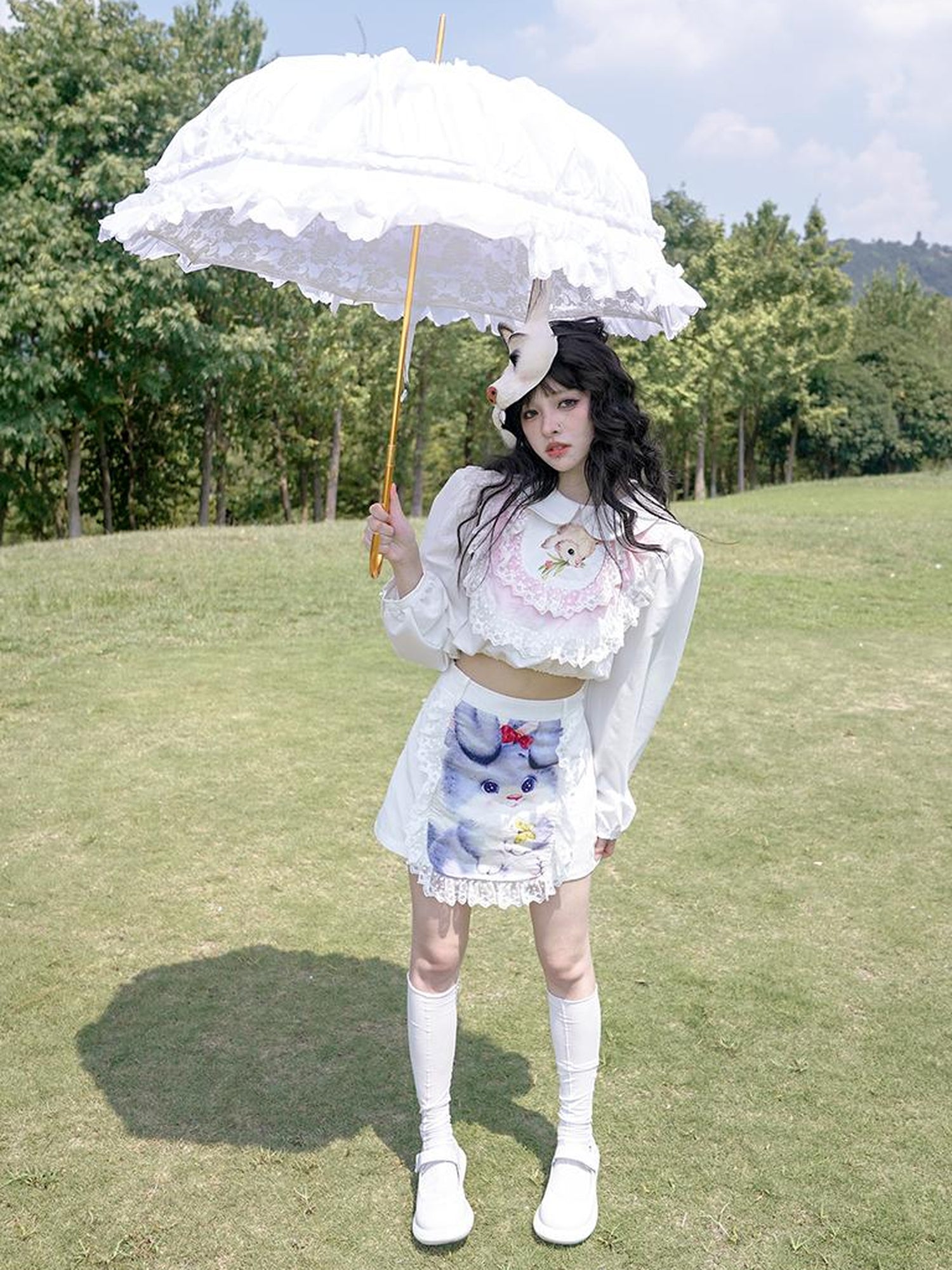 Daytoday Vintage Lace Print Rabbit Short Skirt