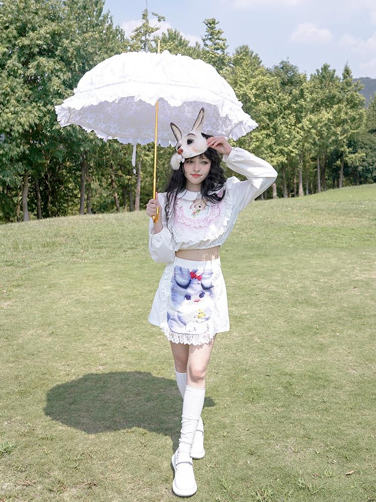 Daytoday Vintage Lace Print Rabbit Short Skirt