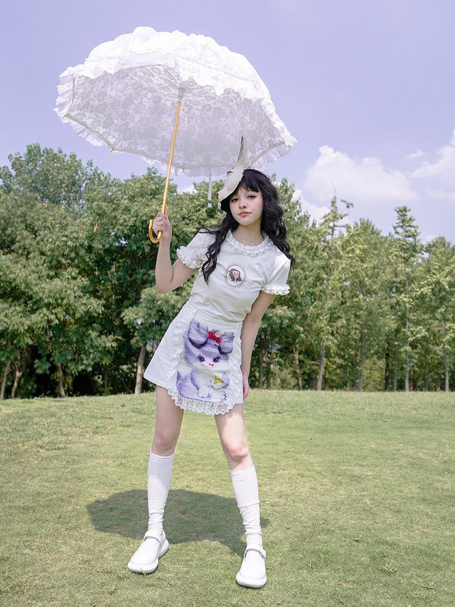 Daytoday Vintage Lace Print Rabbit Short Skirt